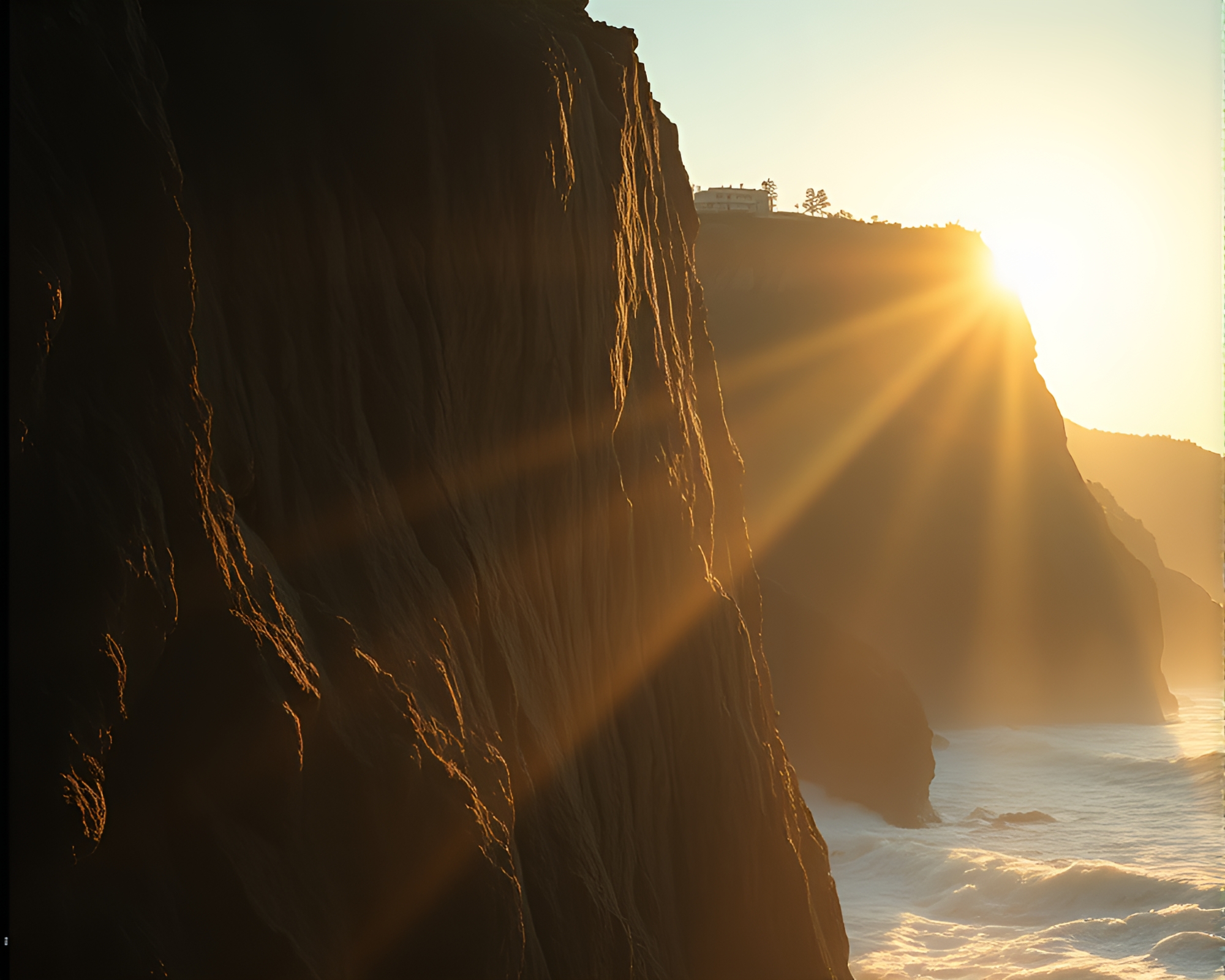 Cliffside Utopia: Solar Flare Light Leaks – free AI stock image