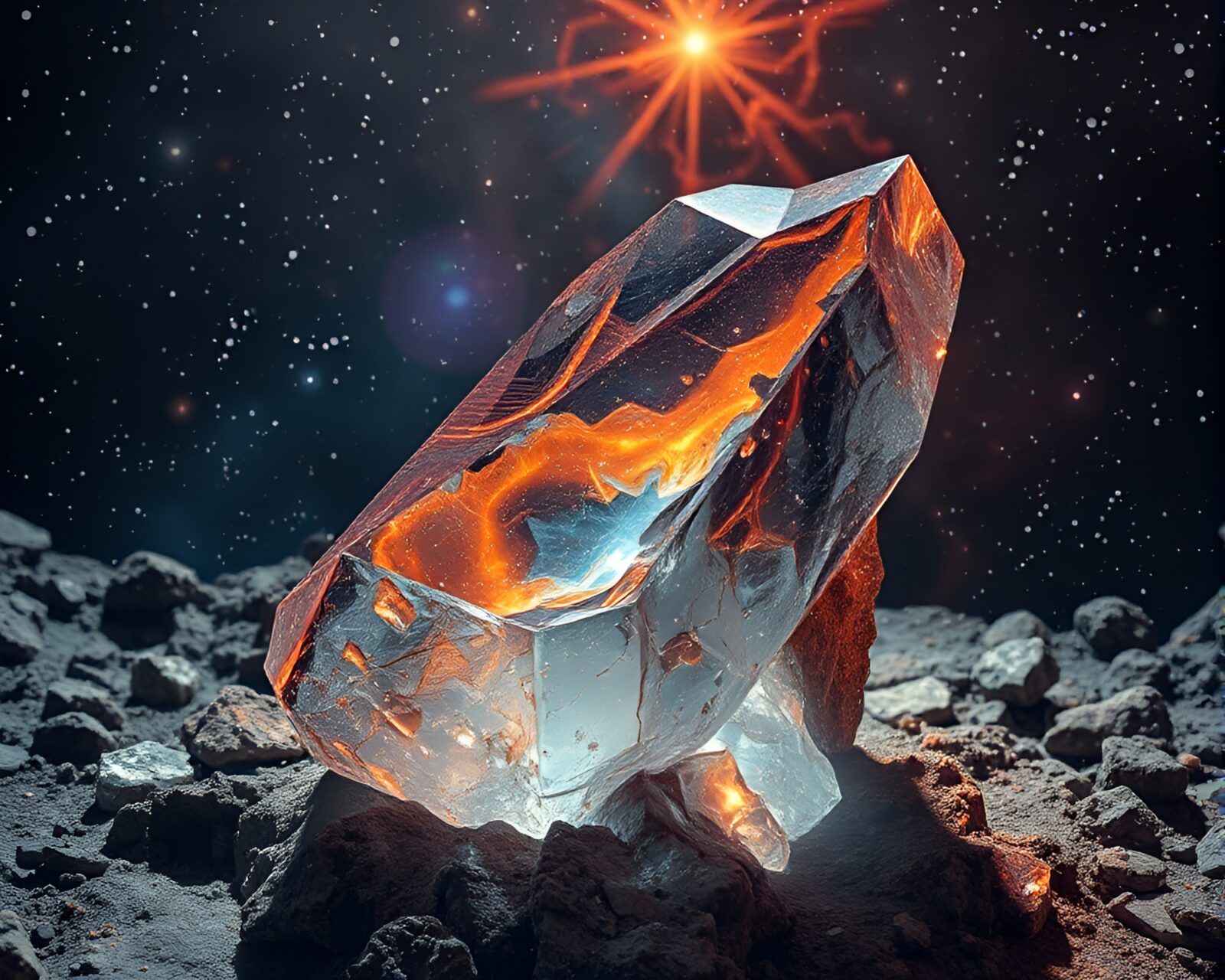 Cosmic horror scene with tilted monolith in crystal clarity