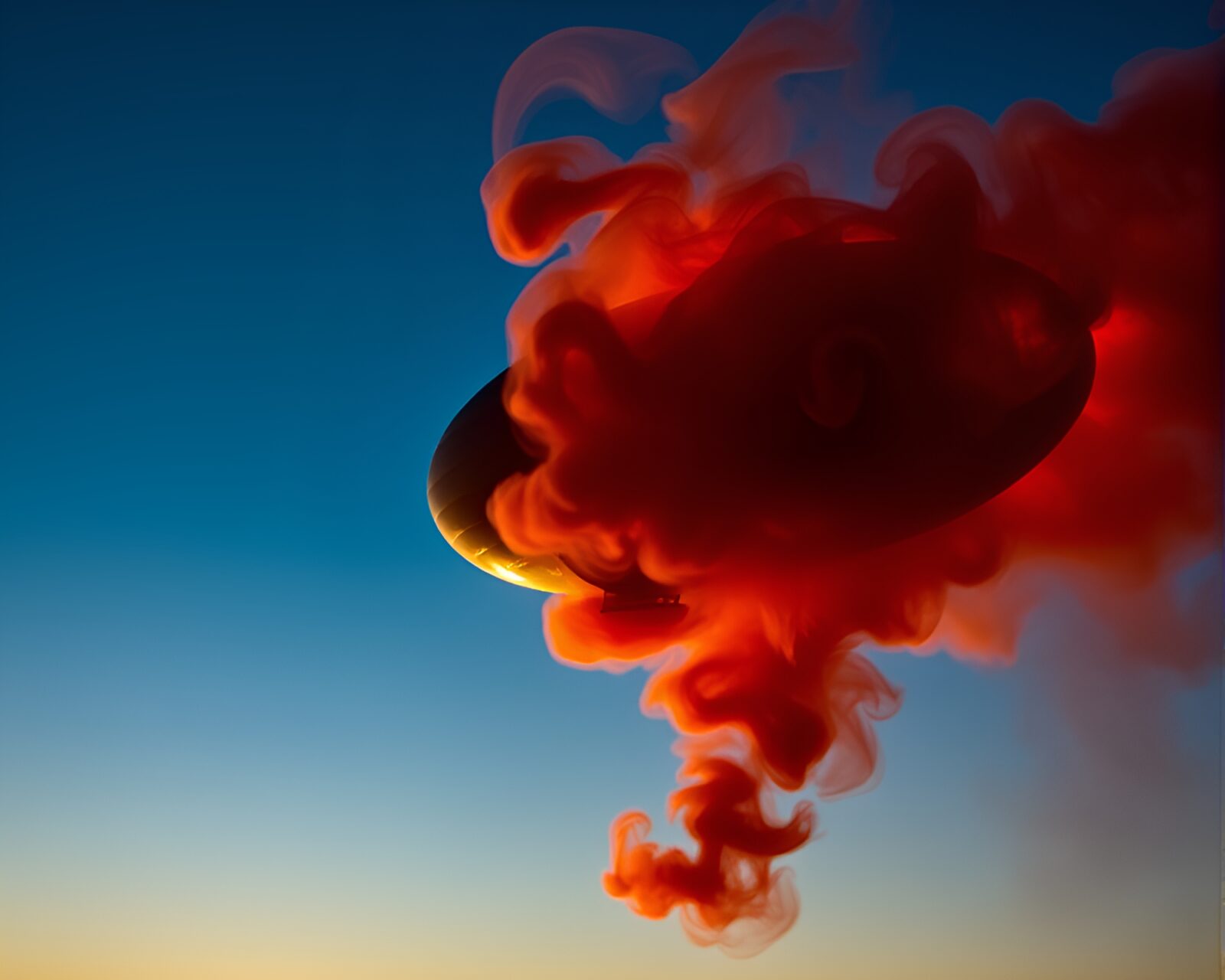 Abstract image of glowing zeppelin surrounded by swirling smoke