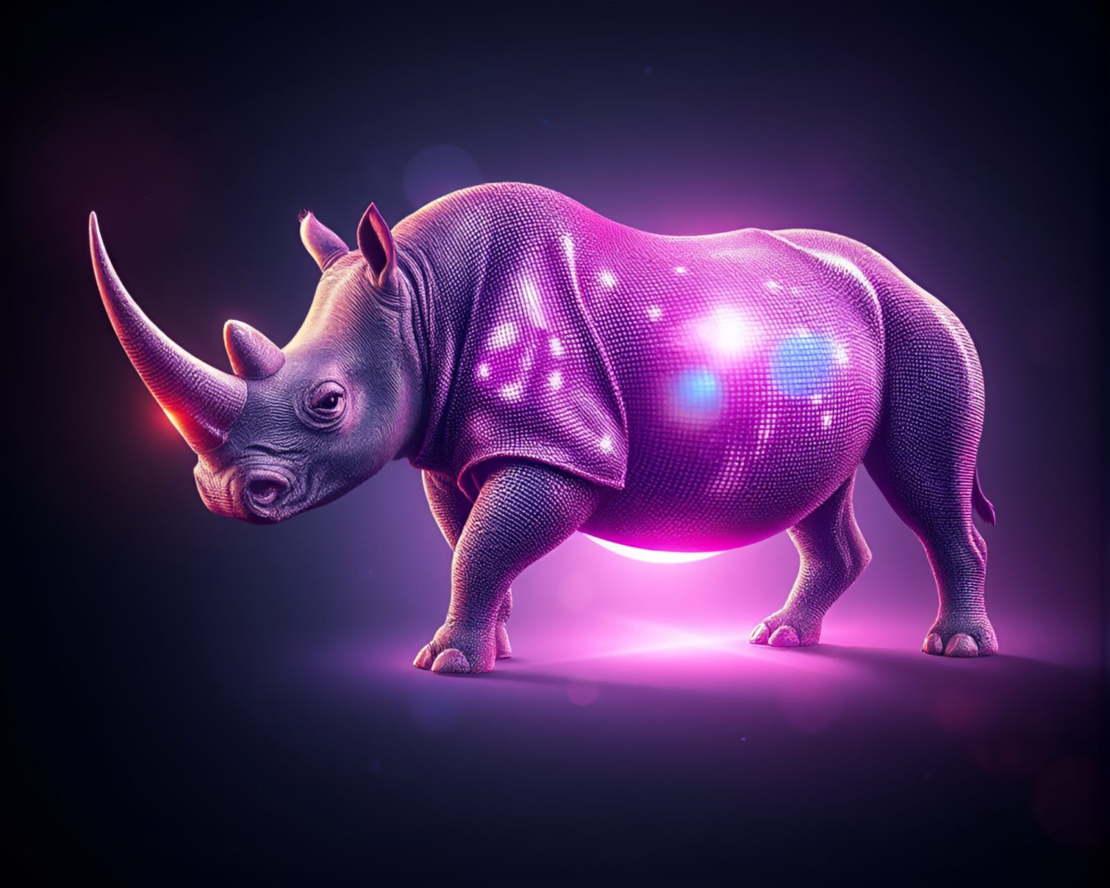 Medium shot of a rhinoceros by a disco ball