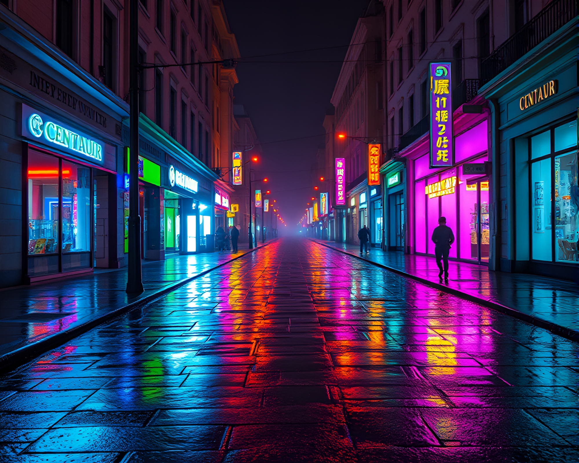Enigmatic Centaur in Ultraviolet Twilight on Wet Pavement – free AI stock image
