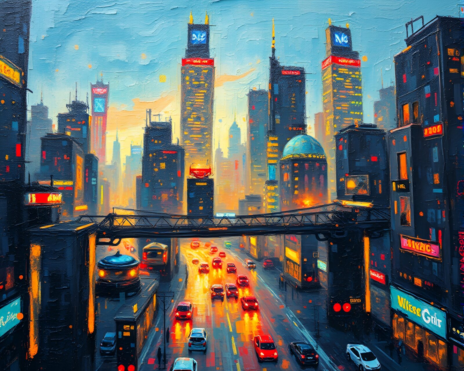 Impressionist painting of a futuristic city with pixelated light