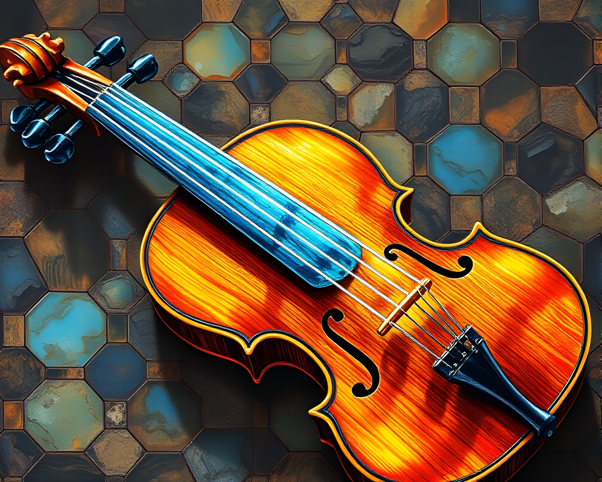 Wooden Violin in Hexagonal Tiling: Topaz Brightness – free AI stock image