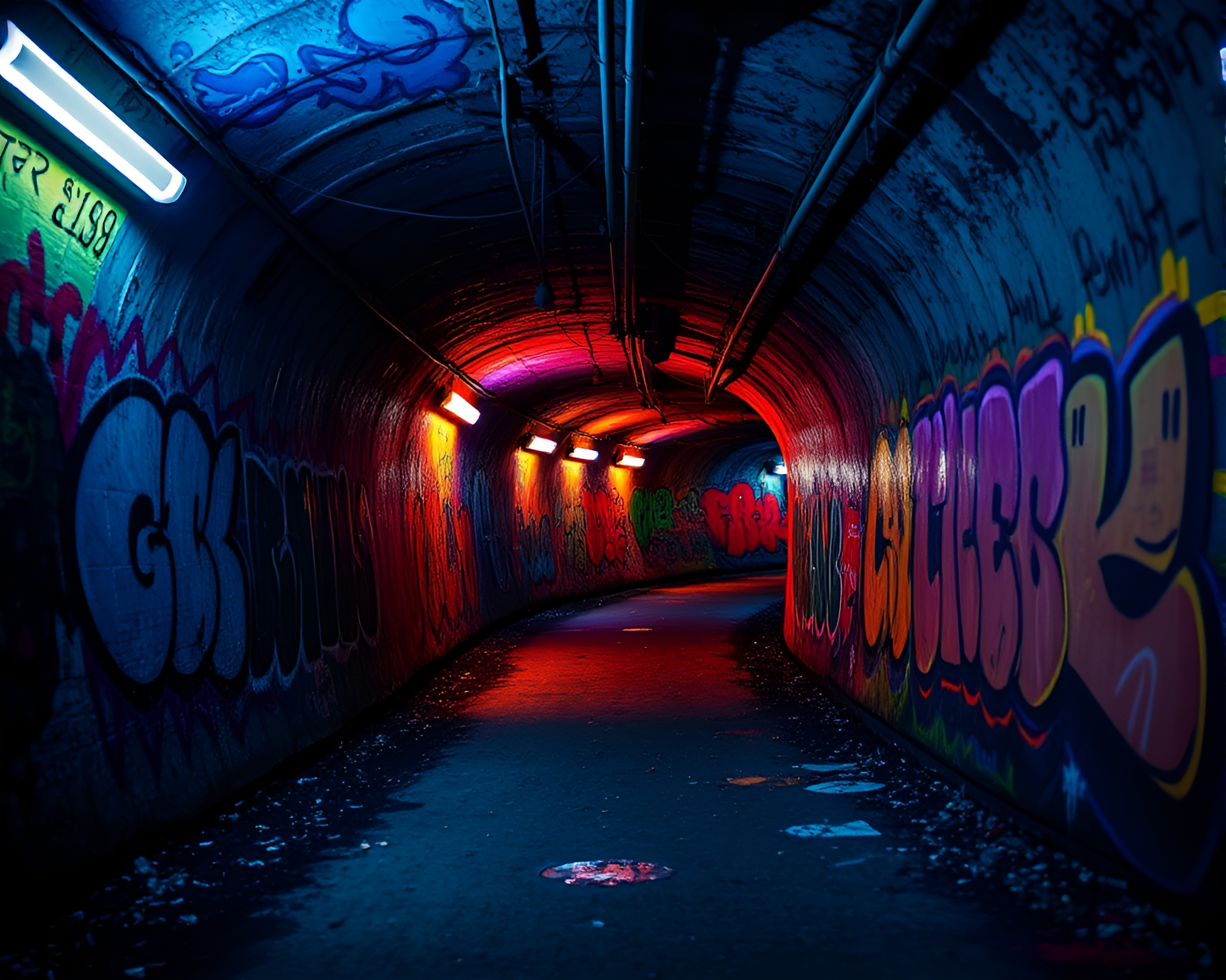 Subterranean Graffiti Light Trails in Analogous Colors – free AI stock image