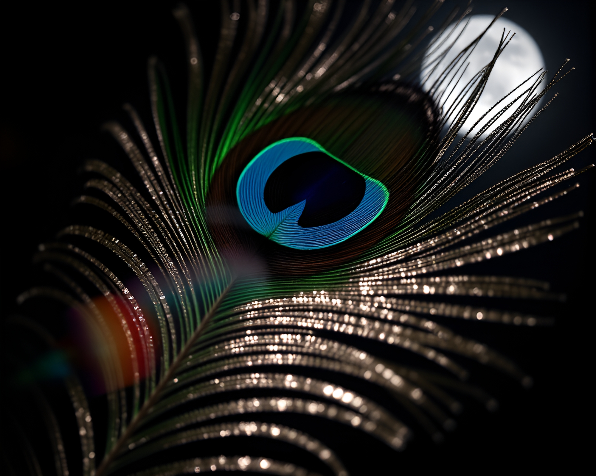 Moonlit Peacock Feather with Sunburst Lens – free AI stock image
