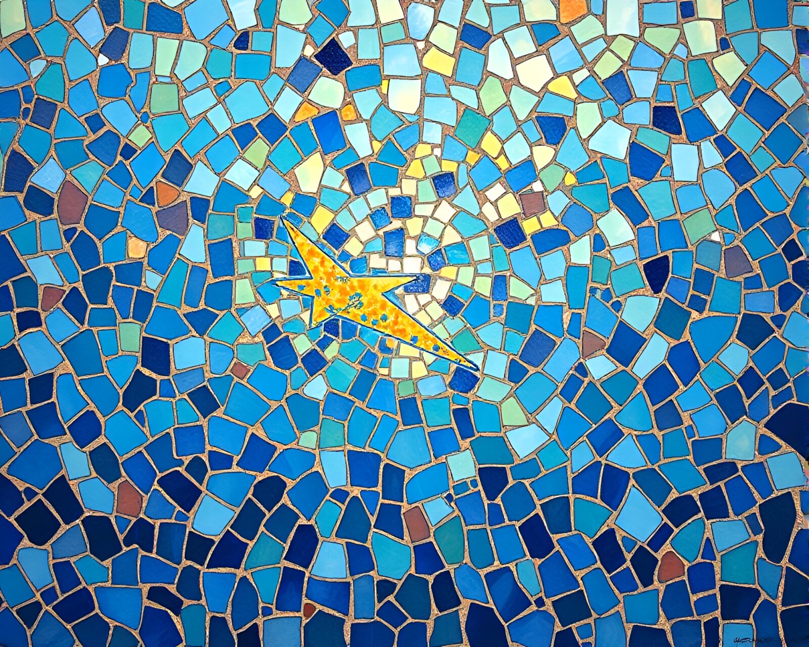 A stunning broken mosaic sea plane painting with solar flare glow.