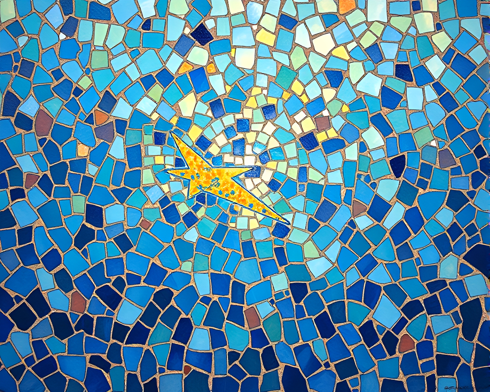 Sunlit Sea Plane Fragmented Mosaic Gouache Art – free AI stock image