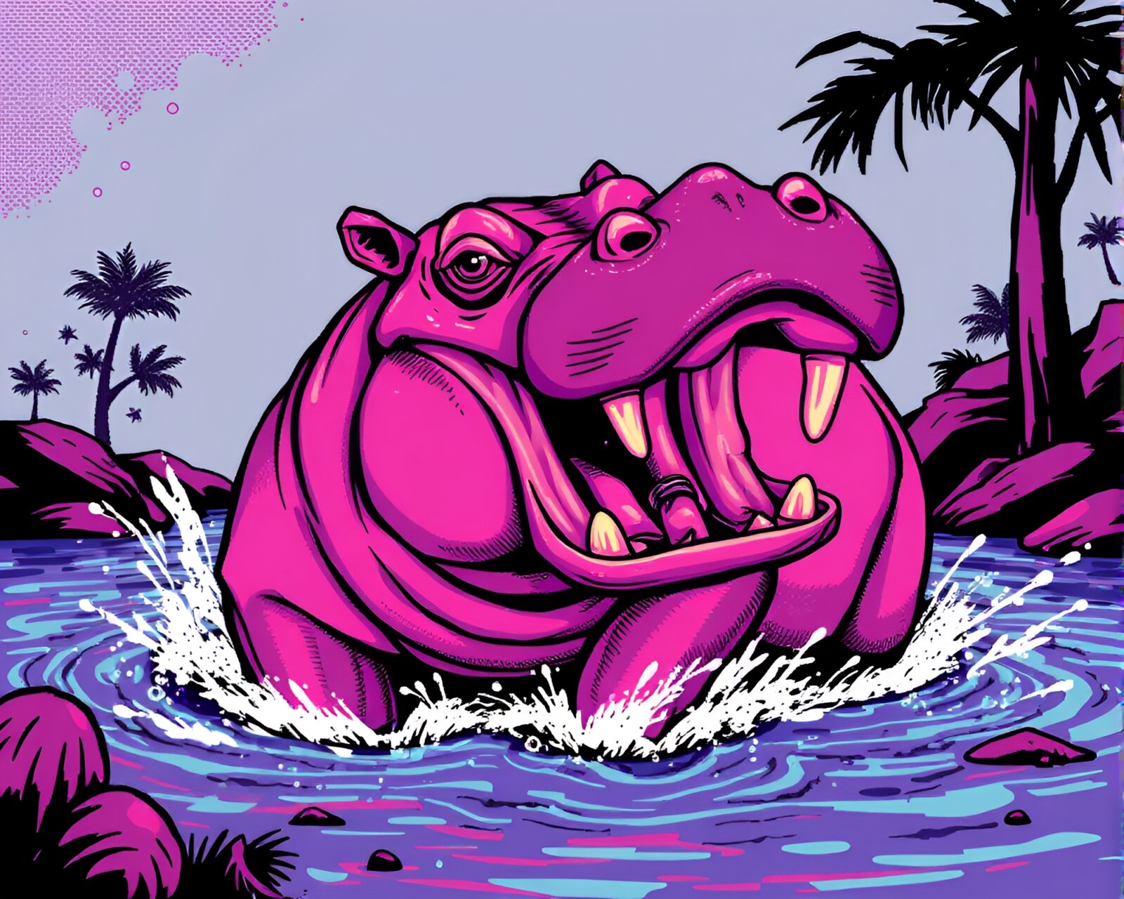Neon pink light outlines stylized pixel art hippo illustration