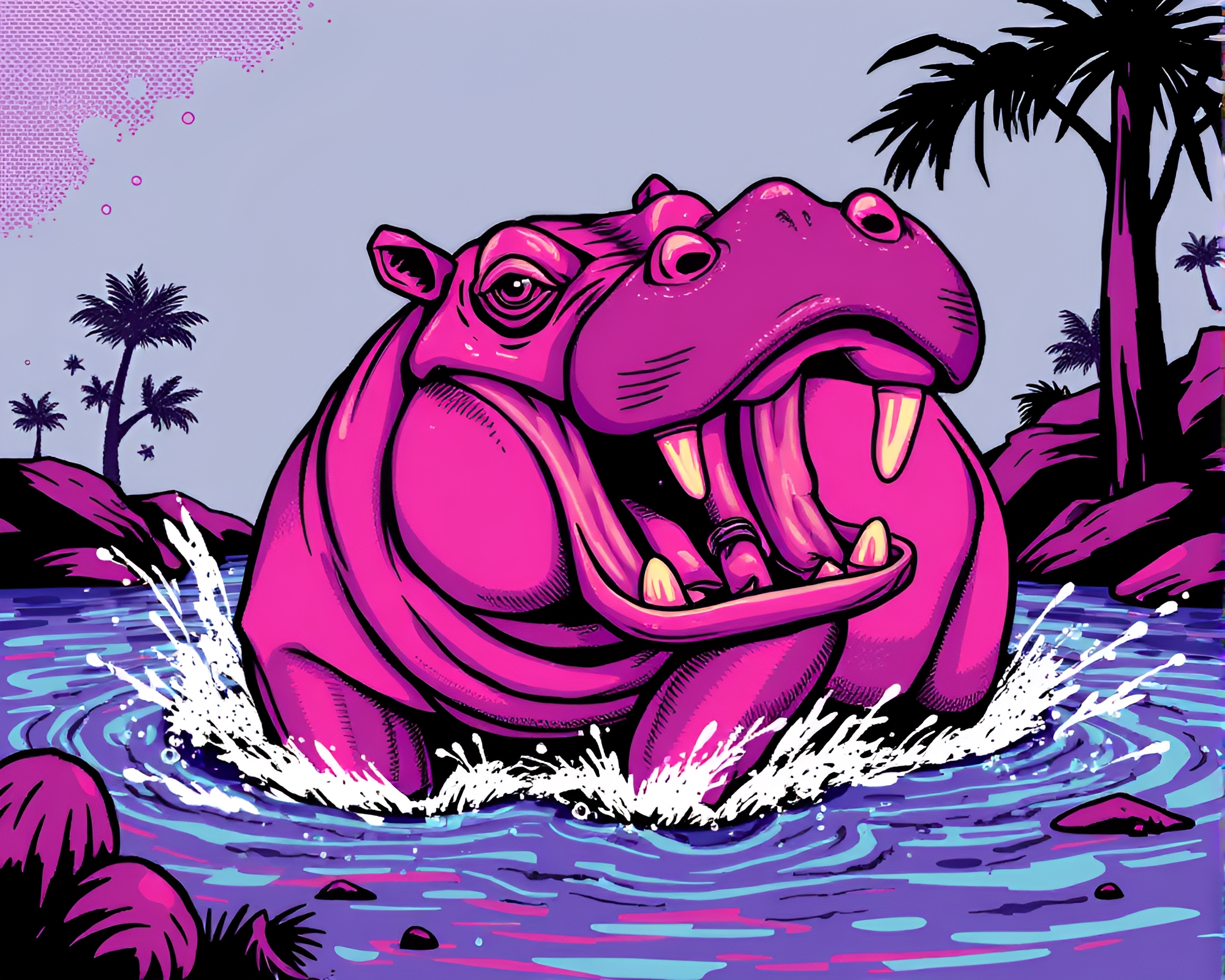 Pixelated Hippopotamus in Electric Magenta Graphic Novel Style – free AI stock image