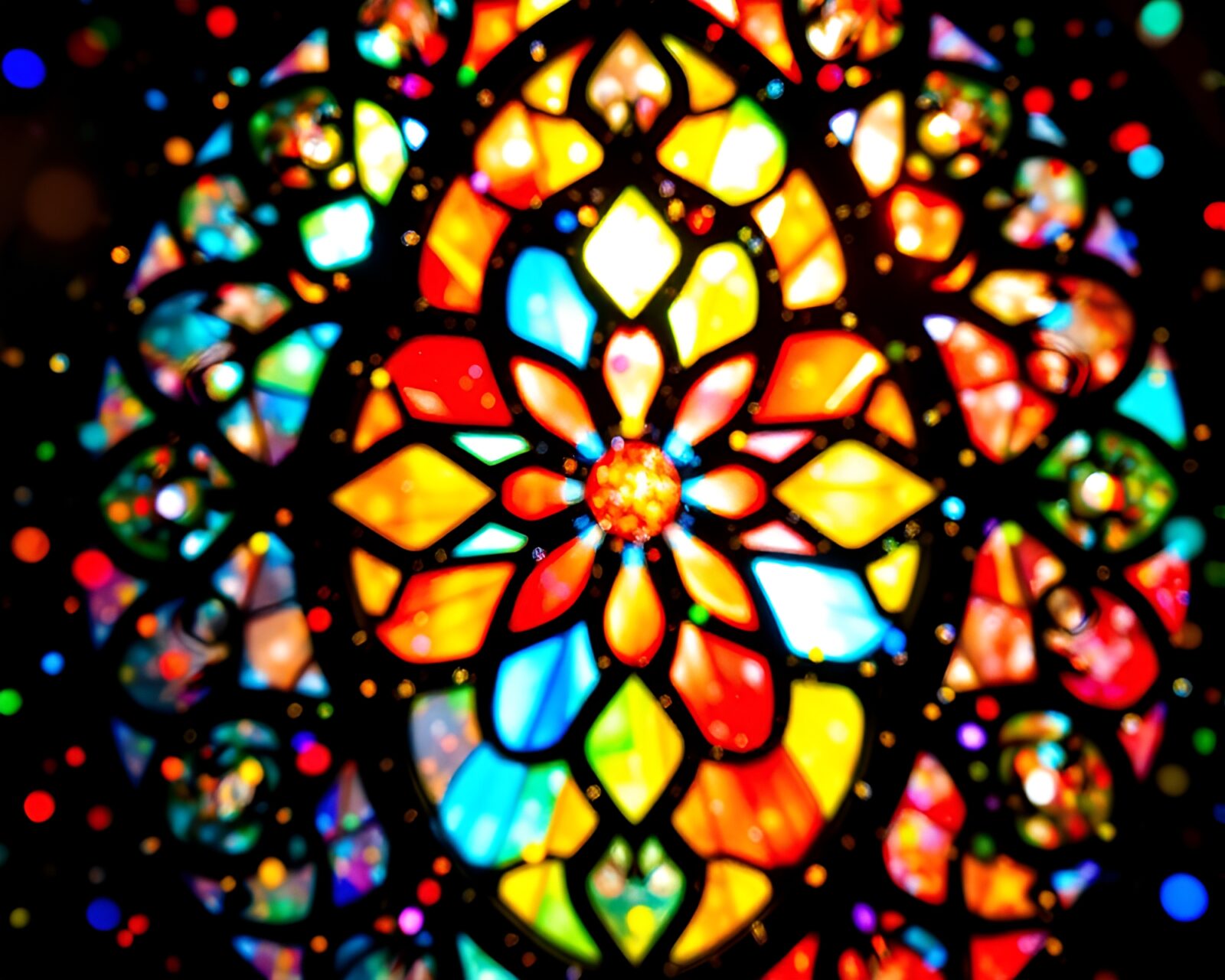 Colorful stained-glass window with confetti-like burst of colors