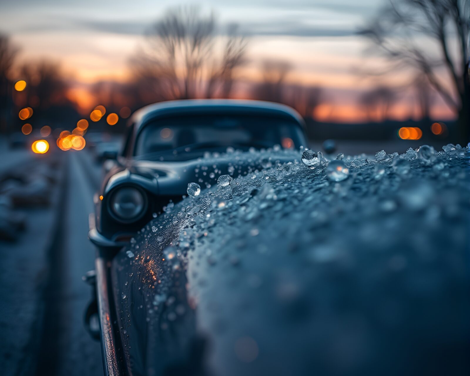 Vintage car detailed anatomy study under twilight sky with ice crystals