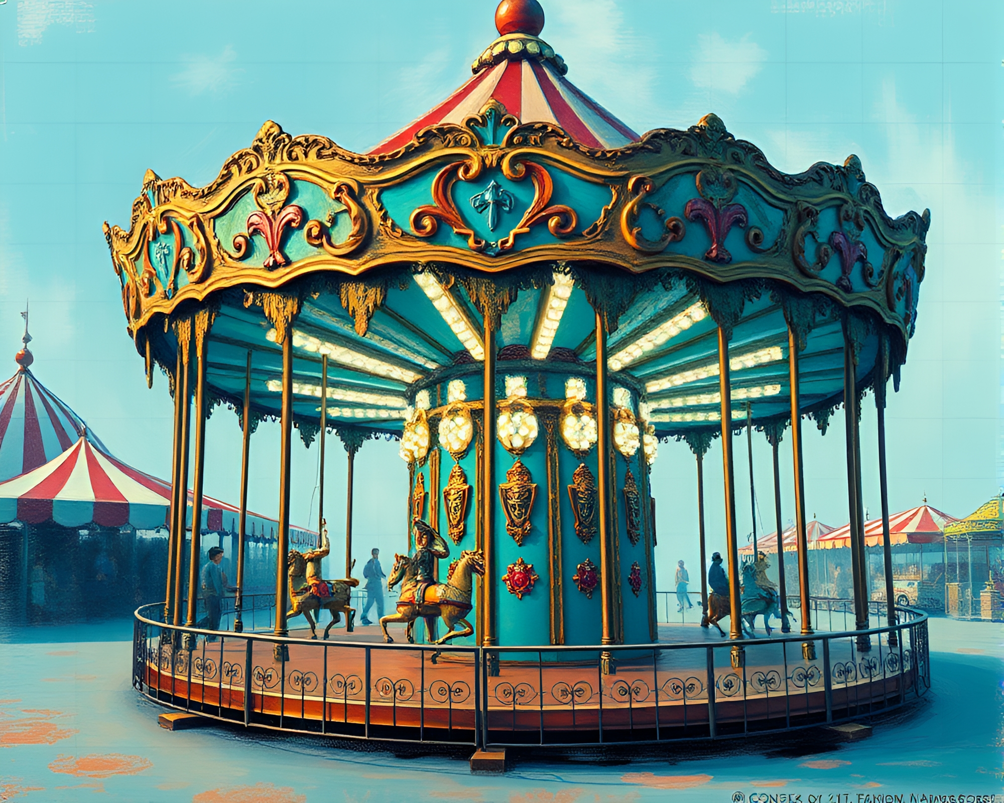 Calm Turquoise Carnival Carousel in Fresco Painting – free AI stock image