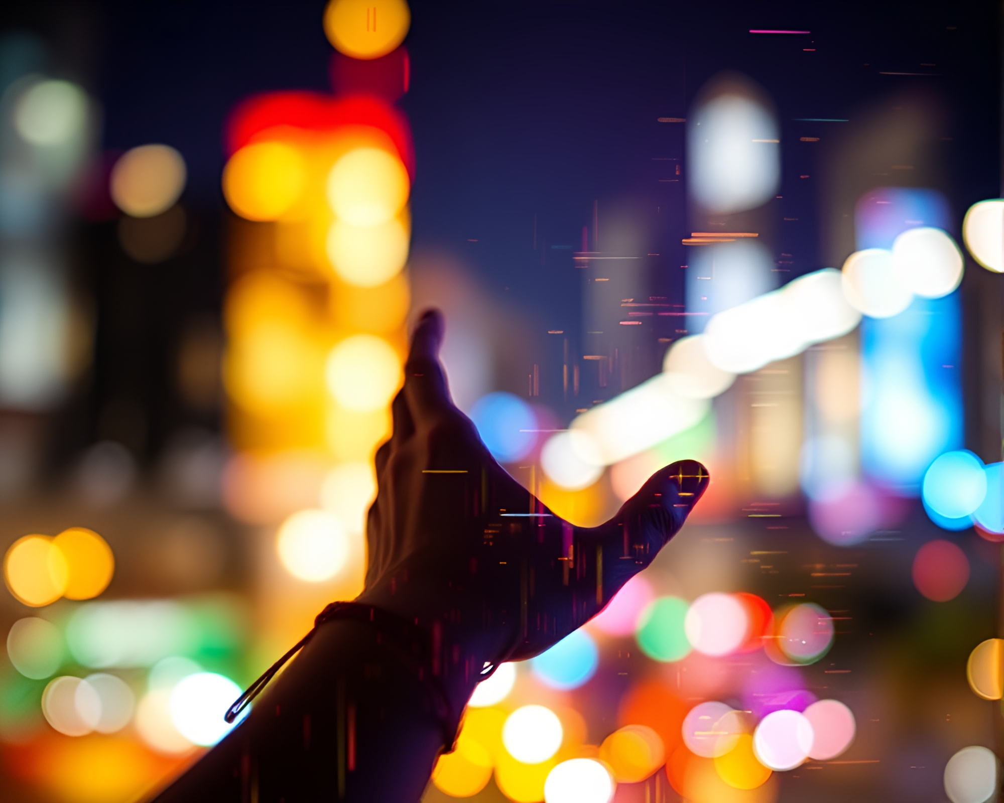 Futuristic Cybernetic Hand with Glitch Bokeh Elements – free AI stock image