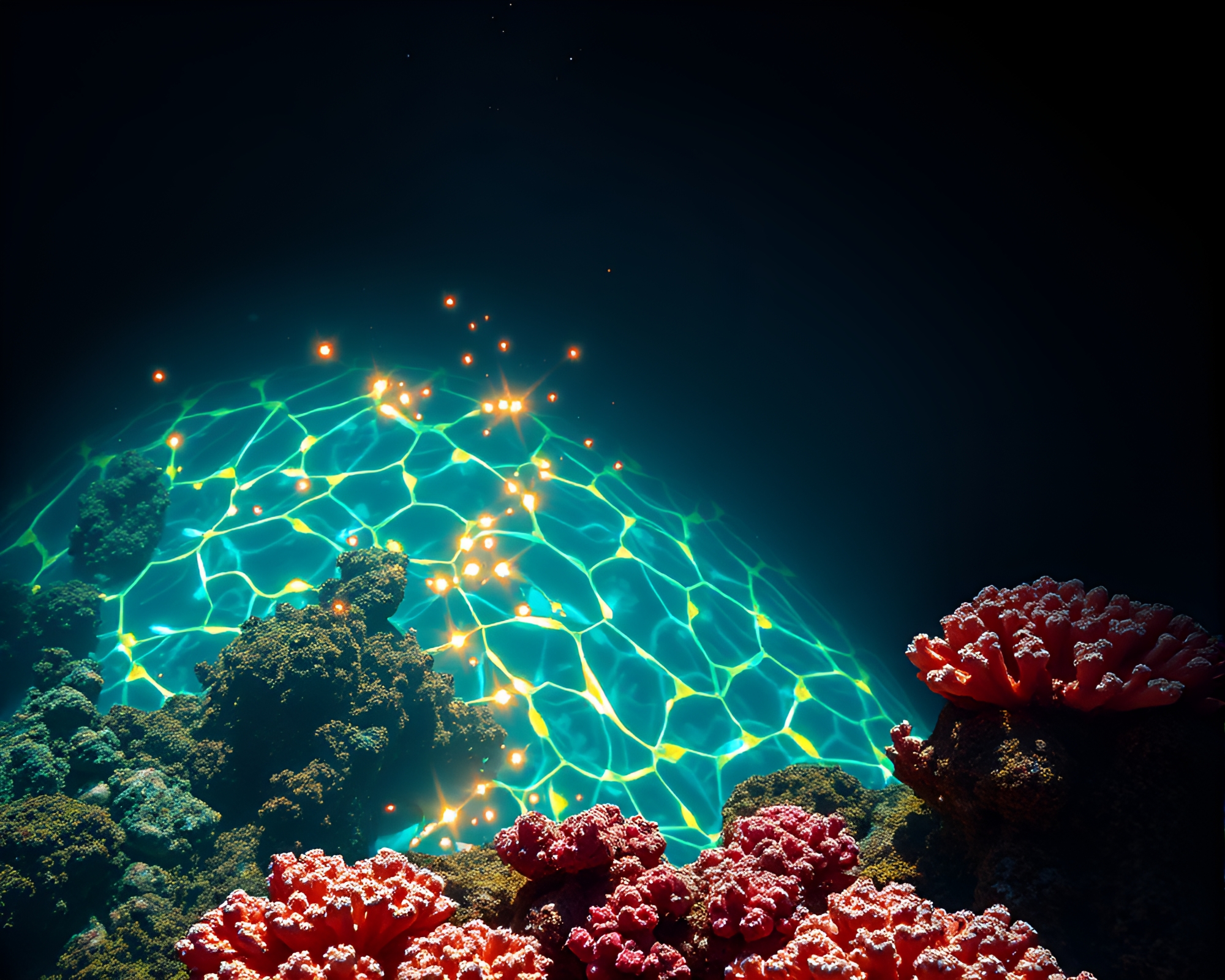 Gilded Coral Reef Eclipse in Holographic Shadows – free AI stock image