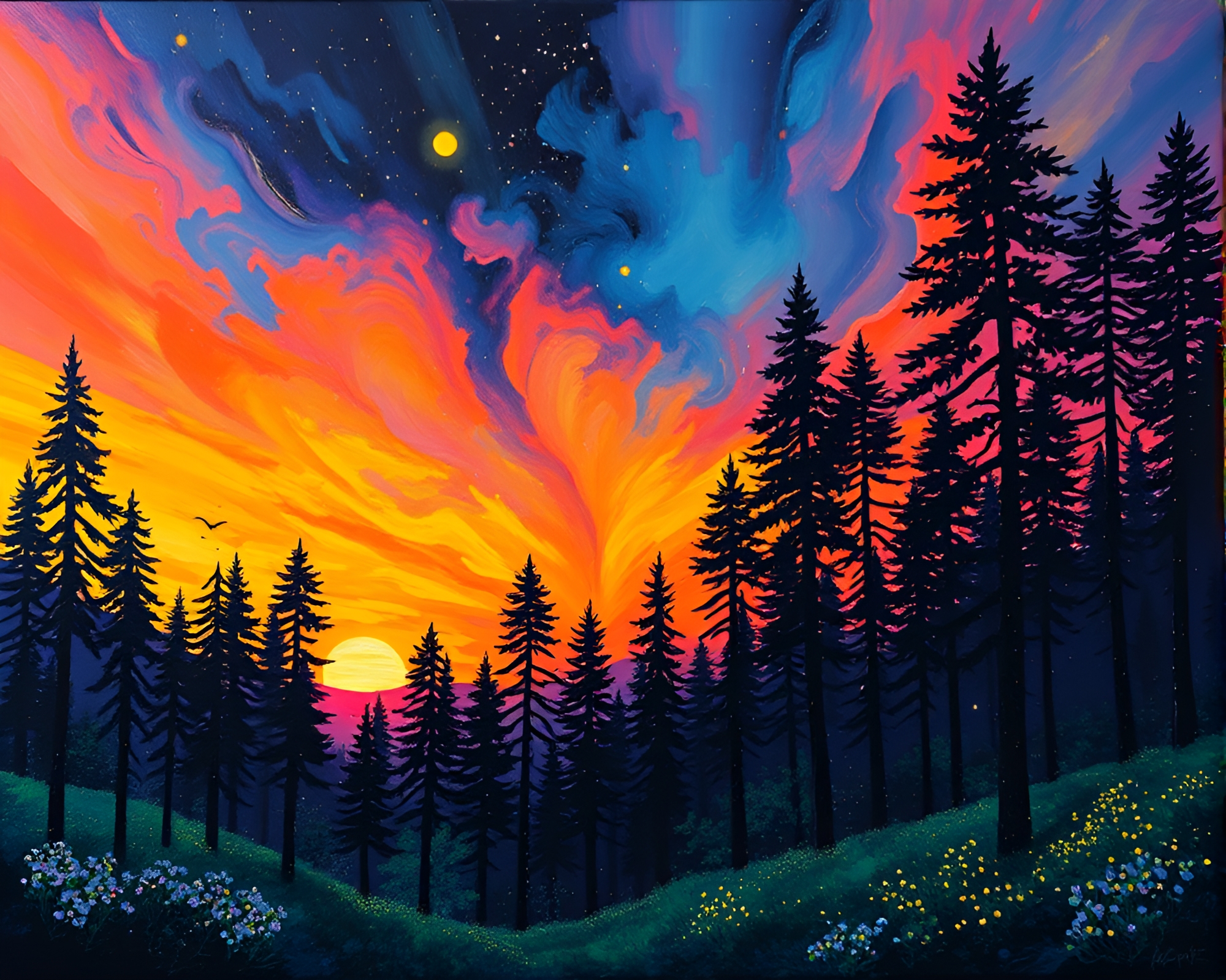 Bioluminescent Sunset: Acrylic Painting of Colorful Forest – free AI stock image