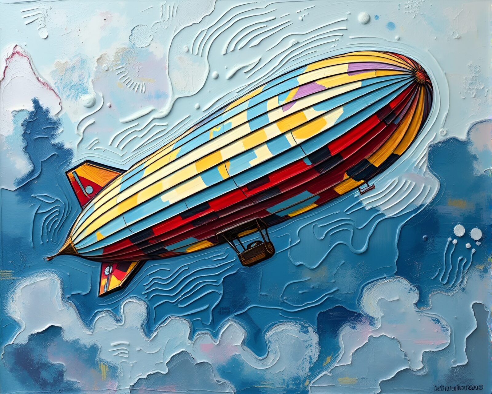 Colorful graffiti-decorated zeppelin glowing with rim lighting