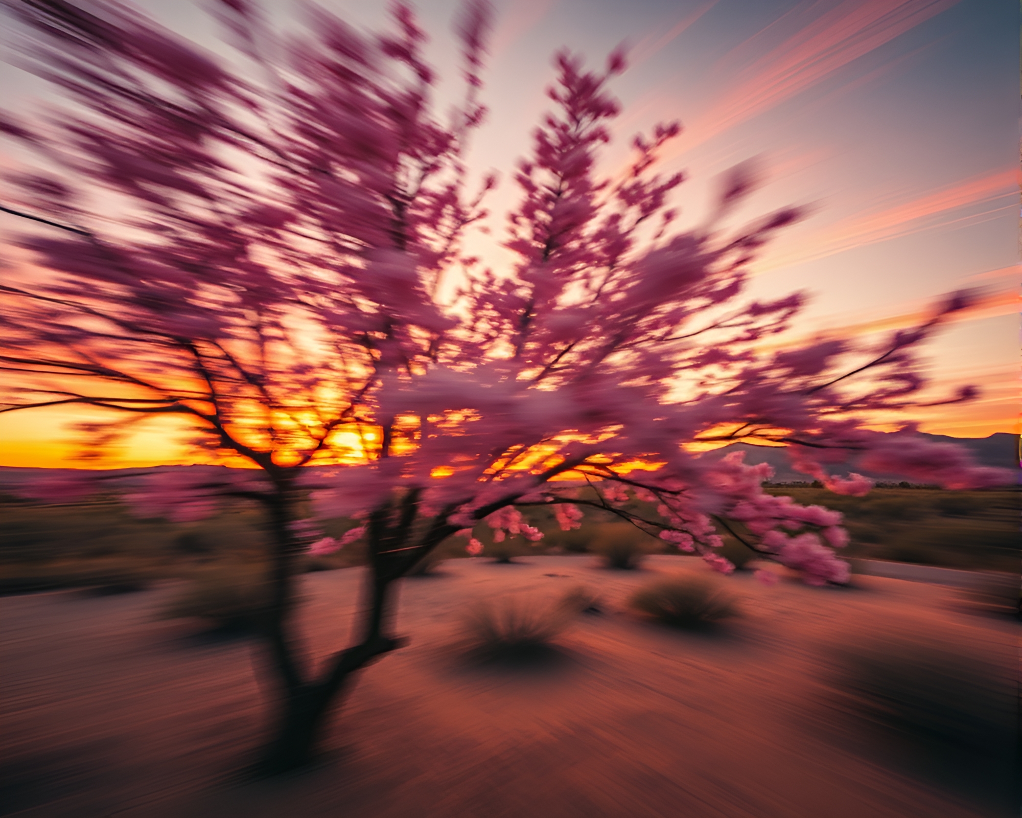 Cherry Blossom Tree in Desert Sunset with Motion Blur – free AI stock image