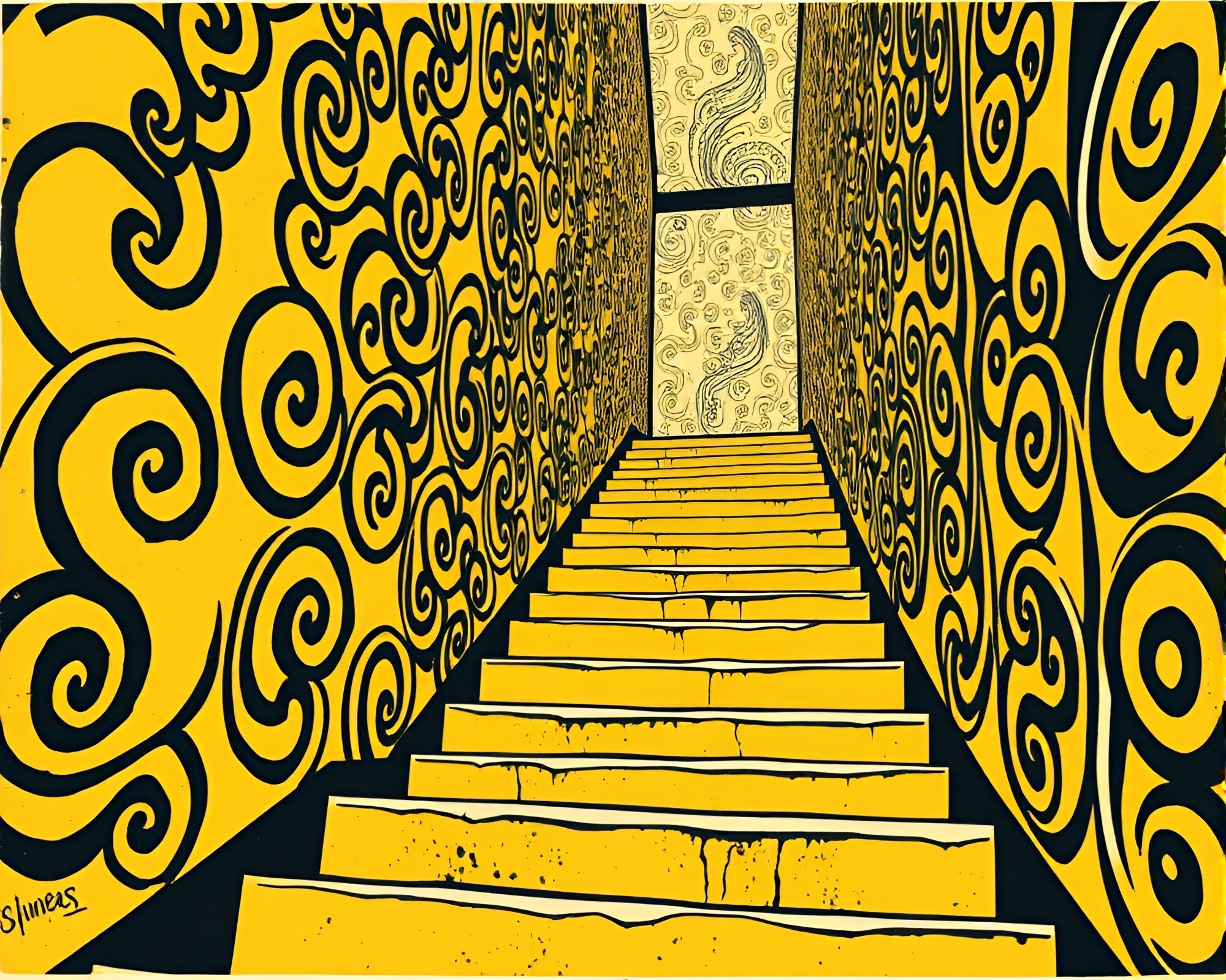 Mind-Bending Escher Staircase in Mustard Yellow Concept Art – free AI stock image