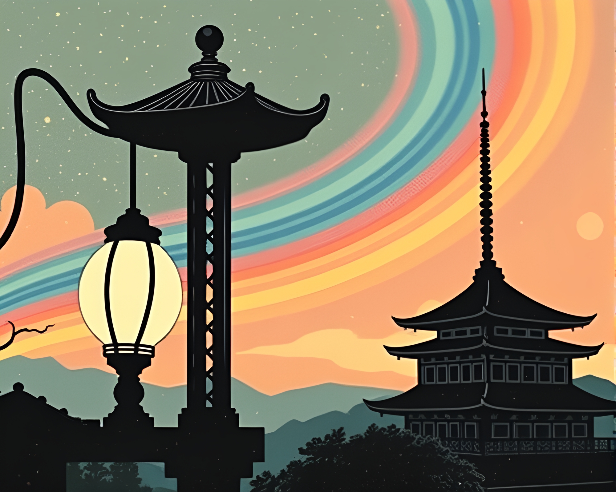 Architectural Lamp Illuminated by Cosmic Rainbow Light – free AI stock image