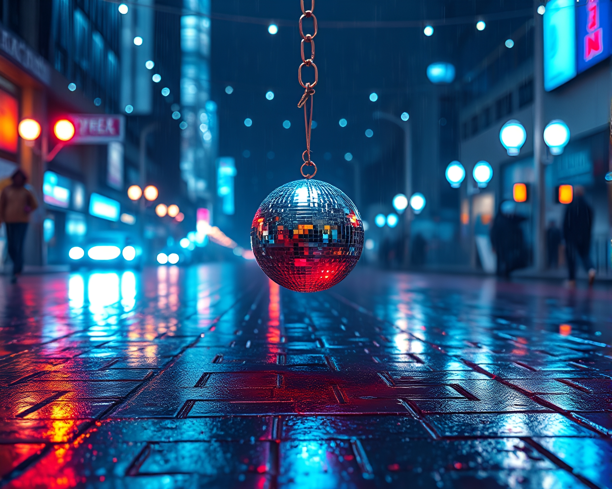 Neon-lit Cybernetic Eye on Rain-Slicked Pavement – free AI stock image