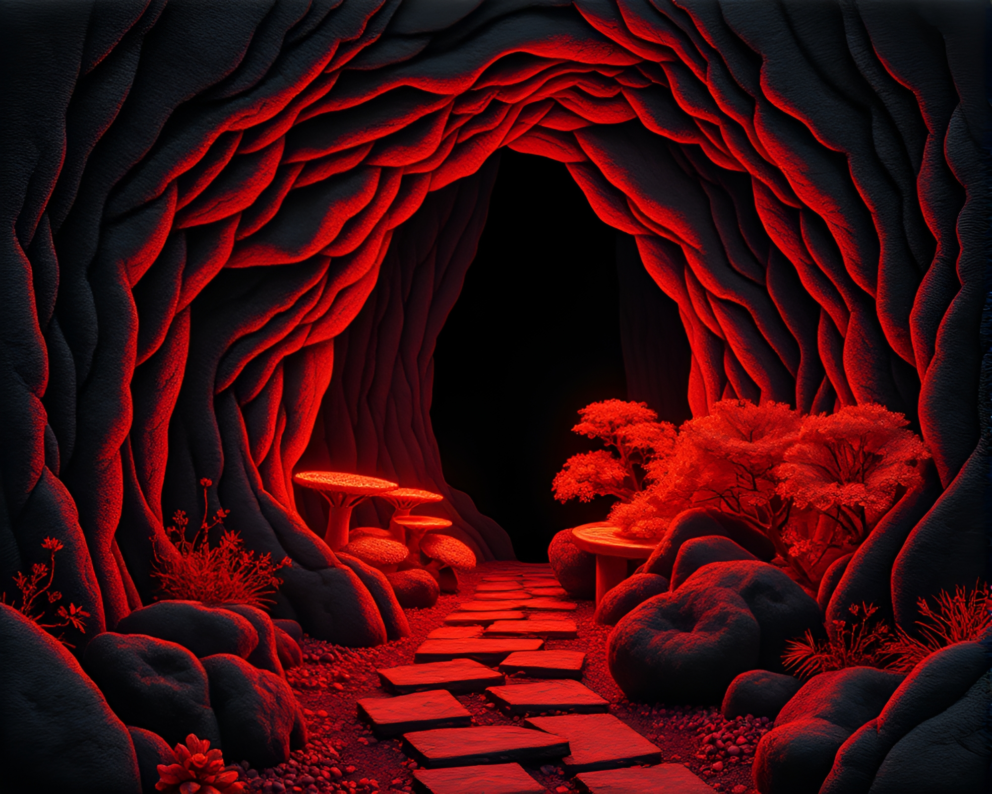 Zen Garden Embroidered Cave Entrance X-Ray Art – free AI stock image
