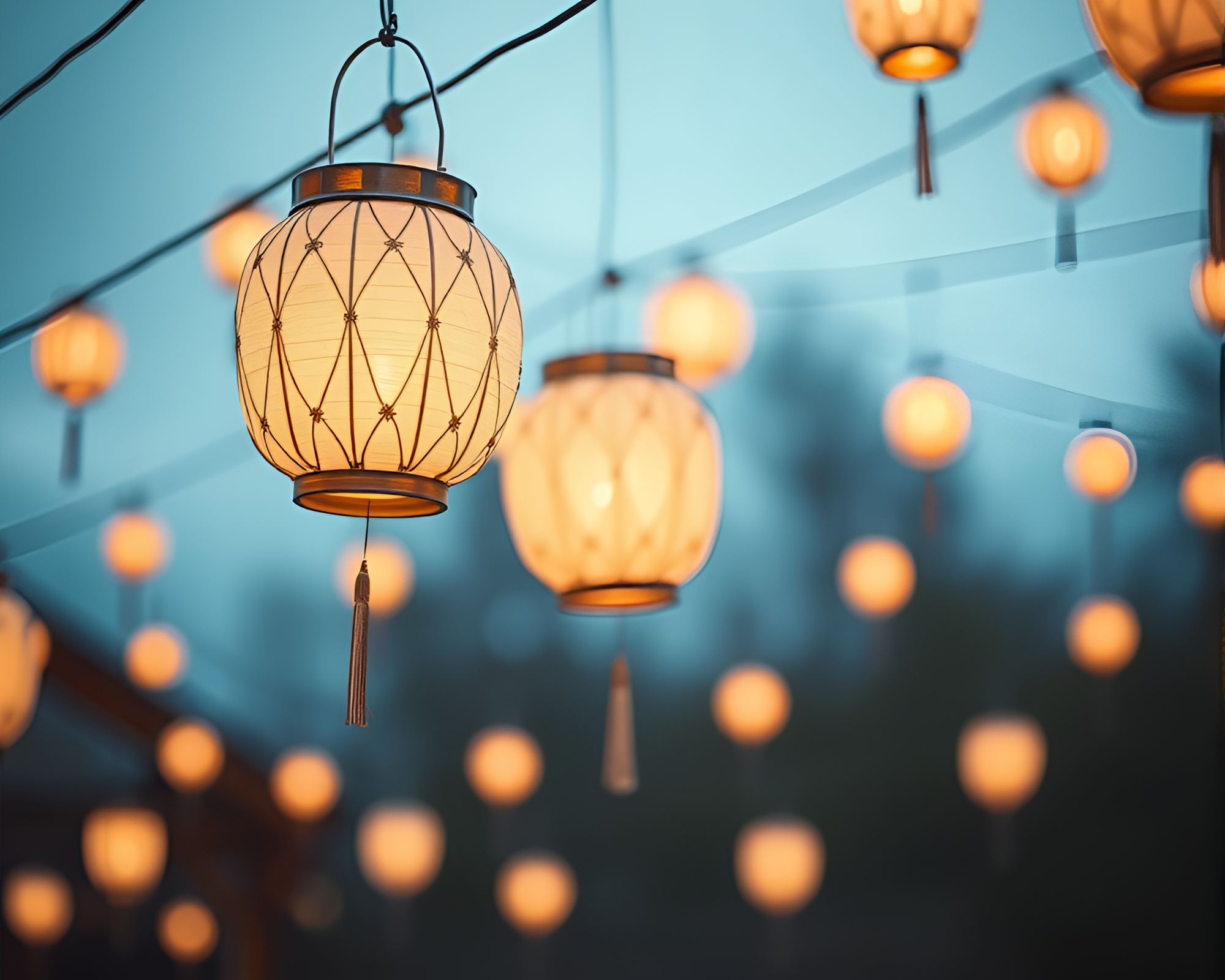 Floating Lanterns Stitched in Miniature Tilt-Shift Composition – free AI stock image