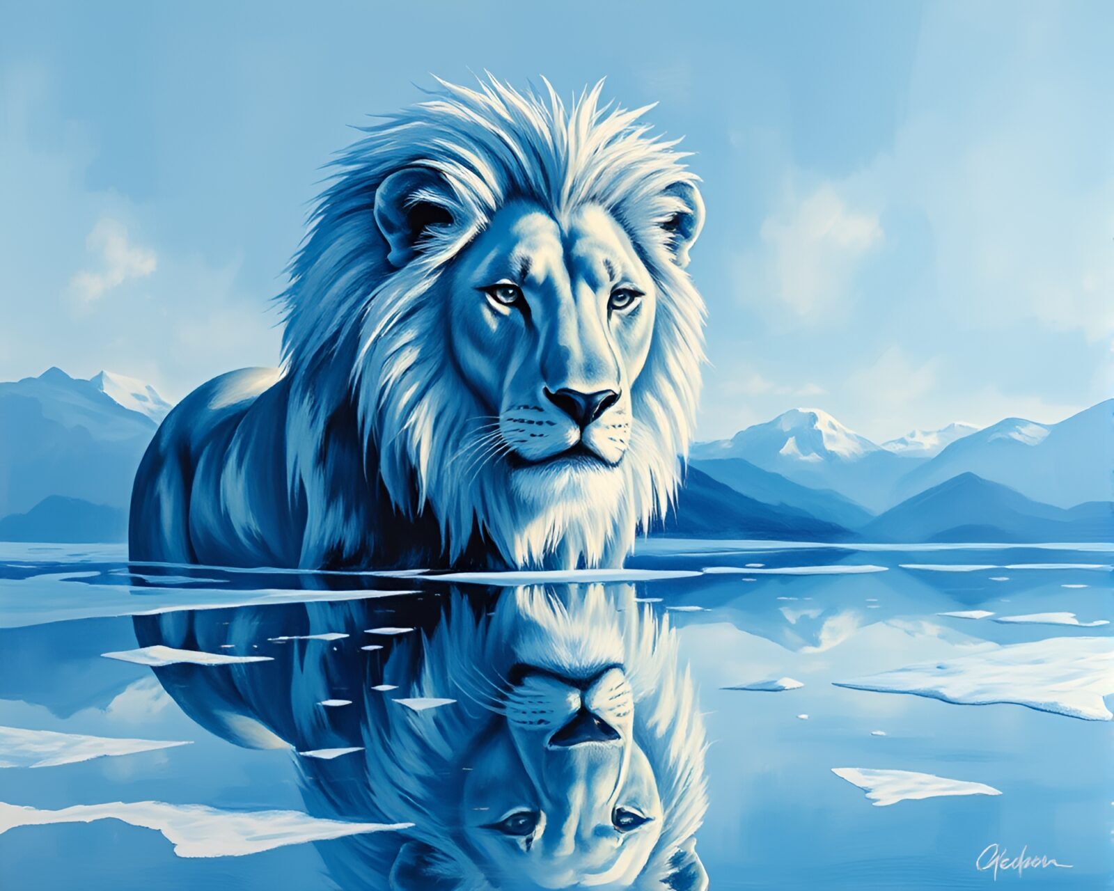 Majestic lion in arctic blue light with chrome reflections