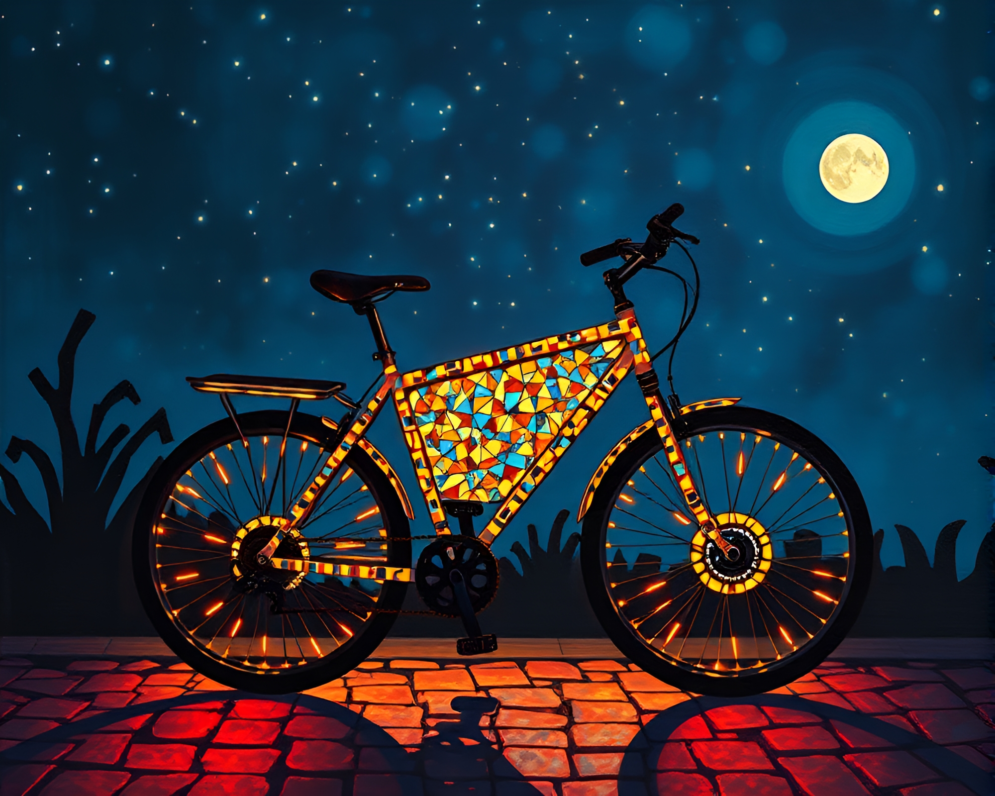 Solar-Powered Bike Mosaic Tiling Action Painting – free AI stock image