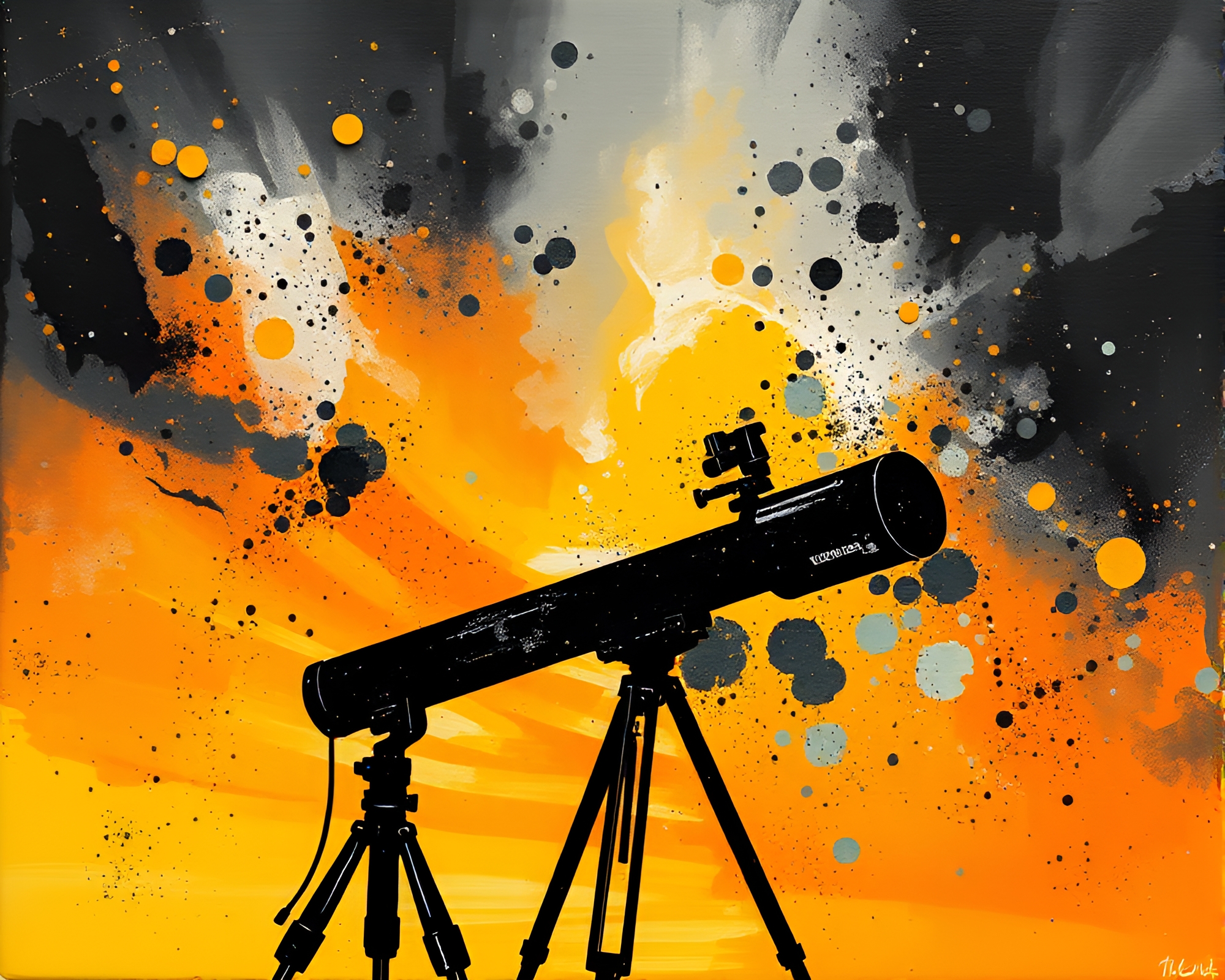 Sunset Telescope Acrylic Spatters Black and White – free AI stock image