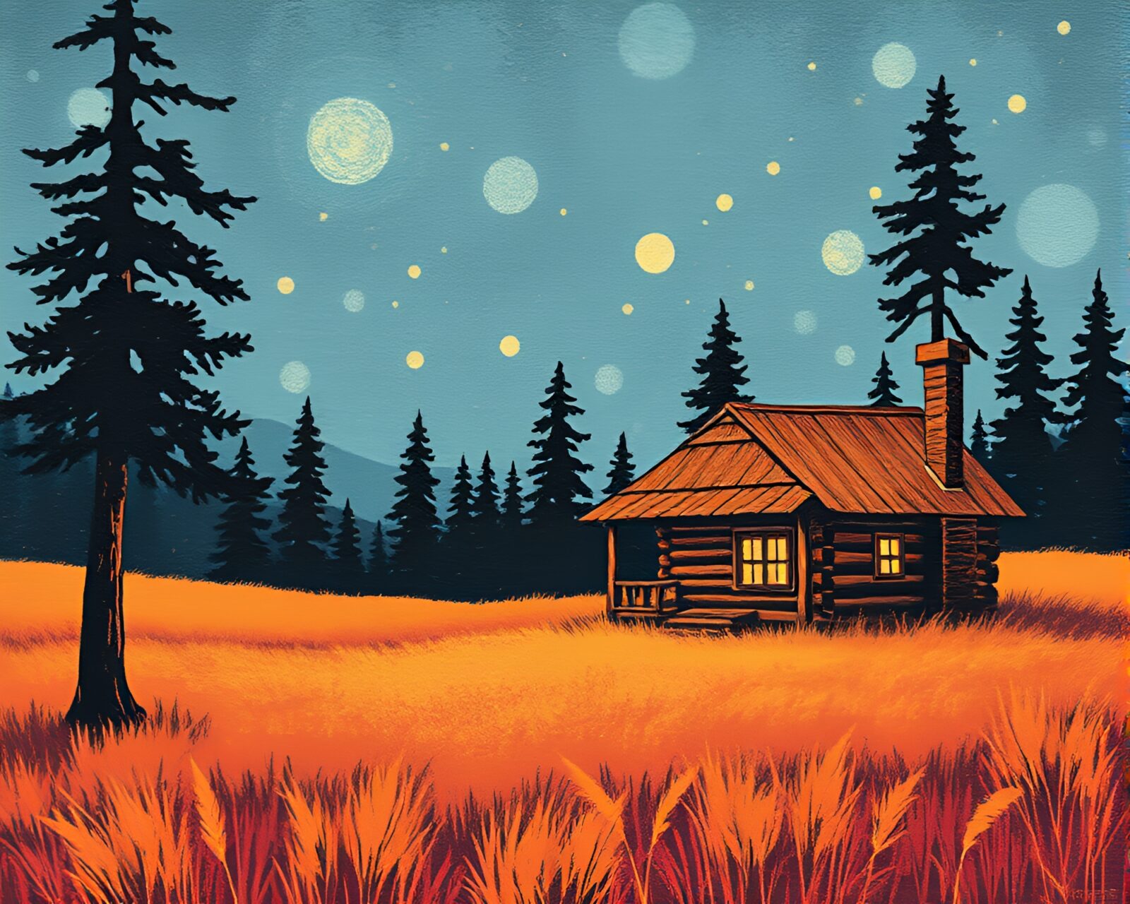 Artistic linocut textures depicting a rustic cabin in color field spotlight