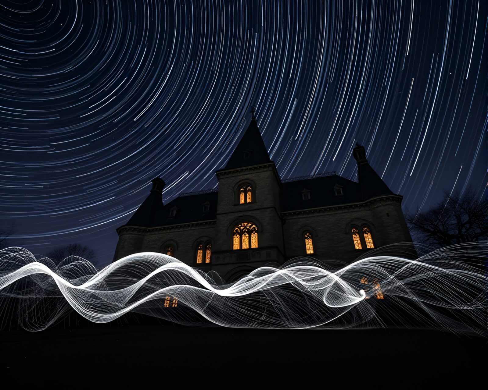 Neo-gothic mansion with star trails, dust motes, calligraphy lighting