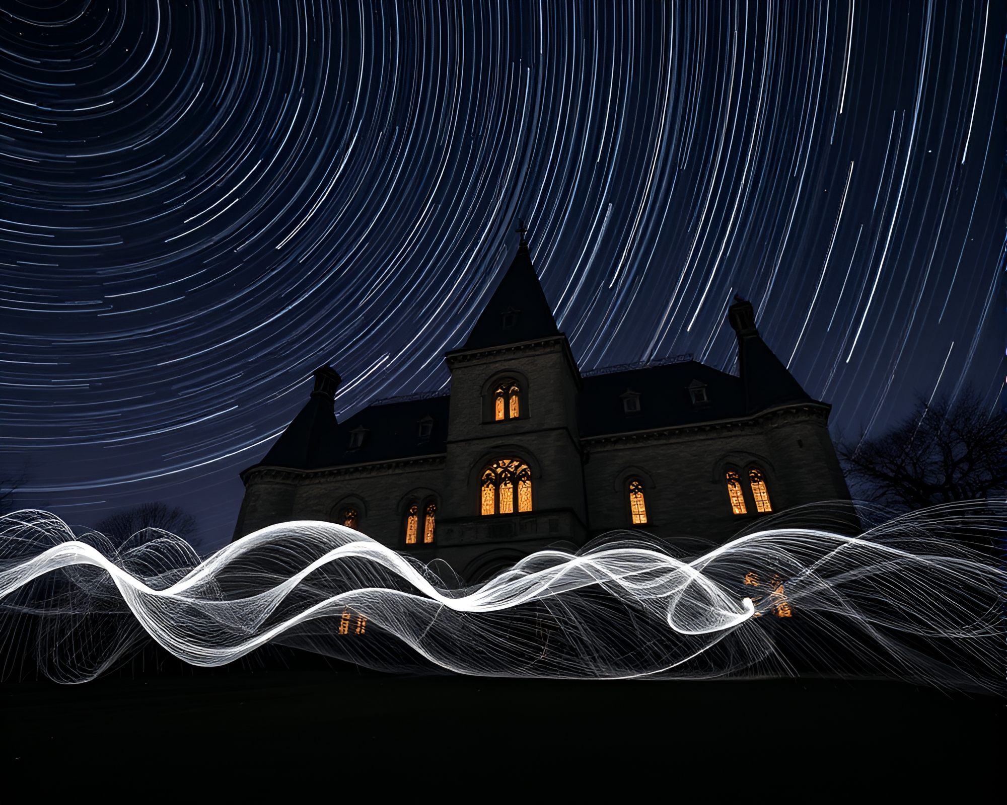 Gothic Mansion Illuminated by Star Trails: Enchanting Calligraphy Style – free AI stock image