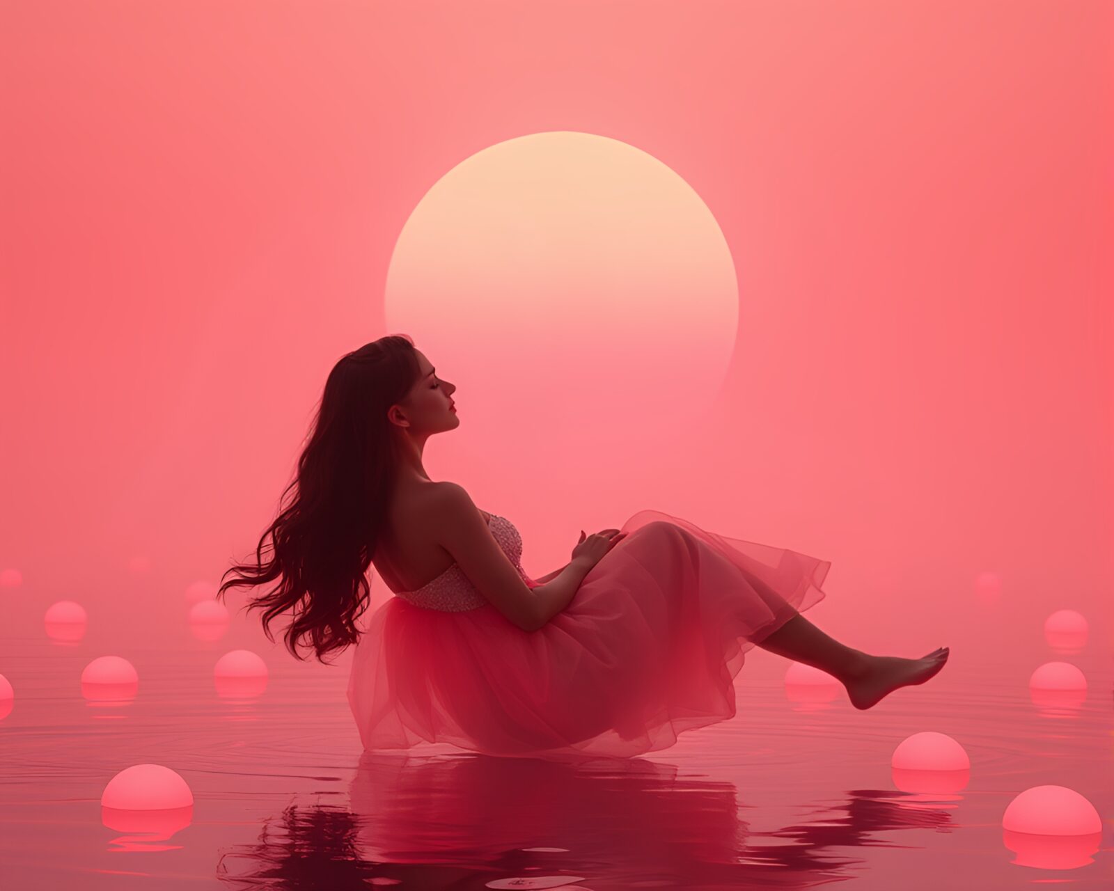 Soft pink floating embers surround ethereal siren in futuristic setting