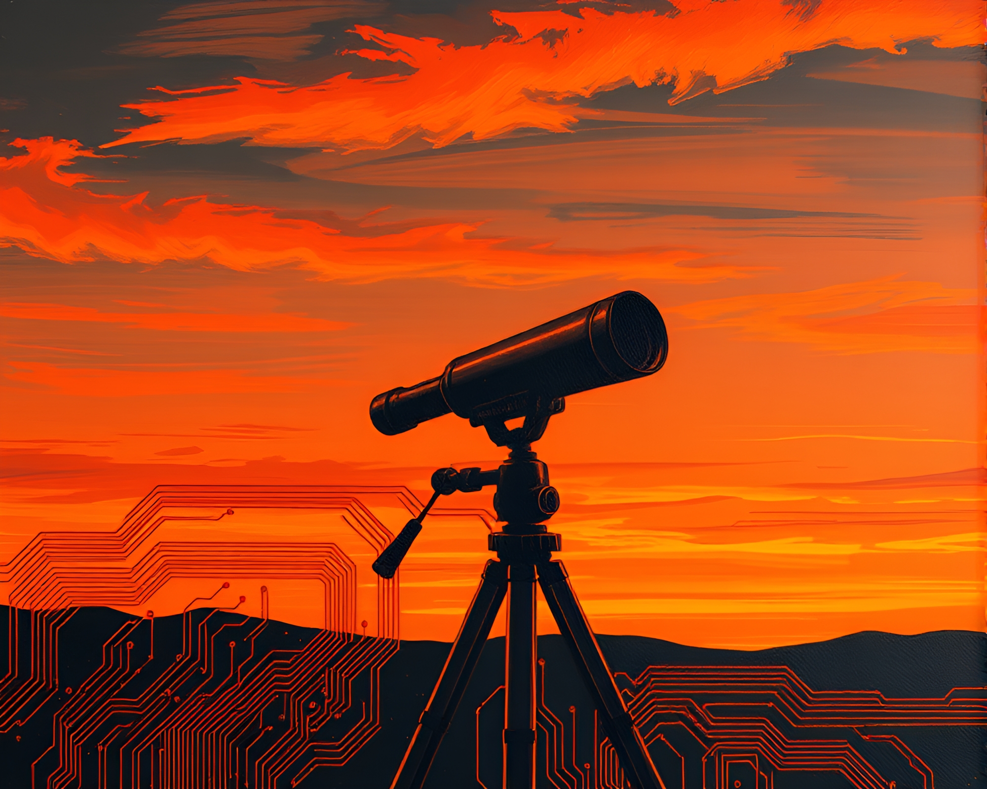 Vintage Telescope Sunset Acrylic Painting Artwork – free AI stock image