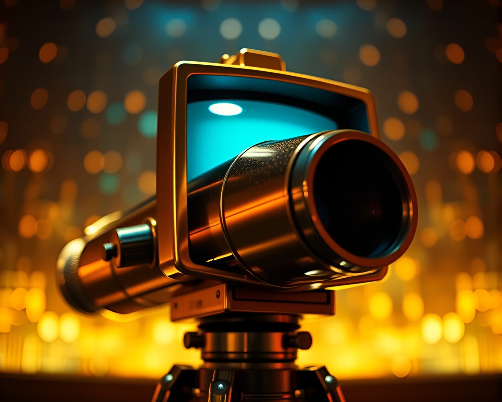 Abstract brass telescope with shimmering gold highlights, CRT flickering