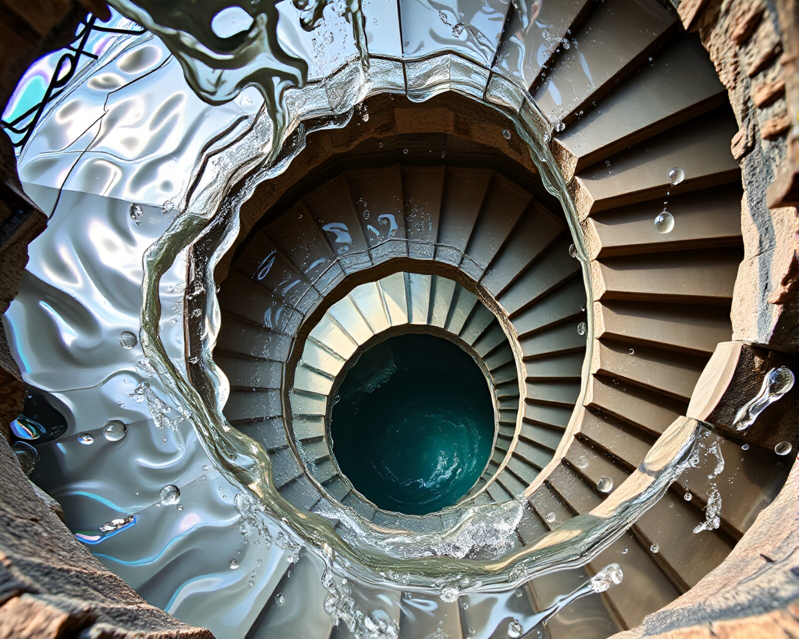 Twisting water vortex surrounded by surreal staircase illusion