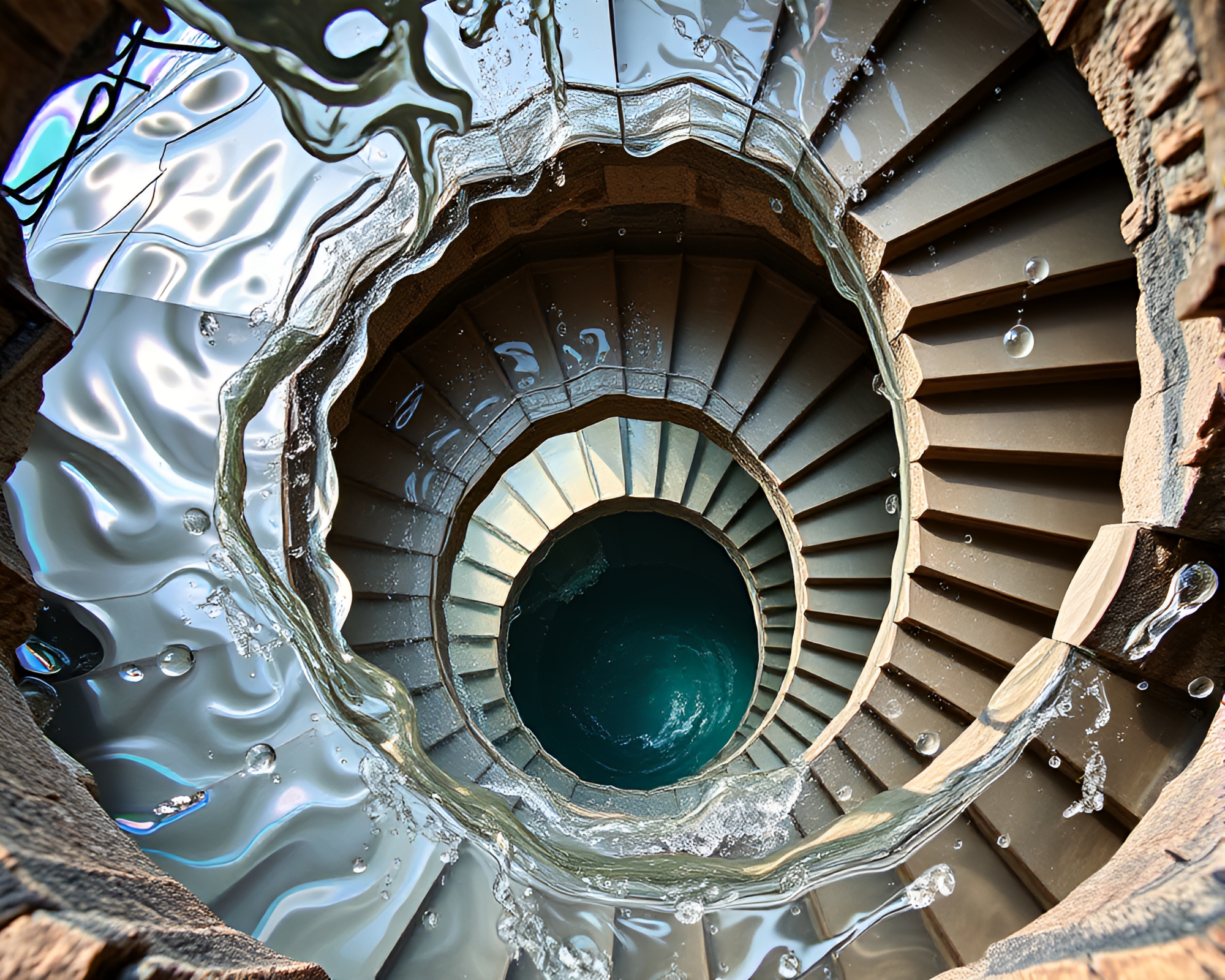 Ethereal Water Whirlpool Within Escher Staircase – free AI stock image