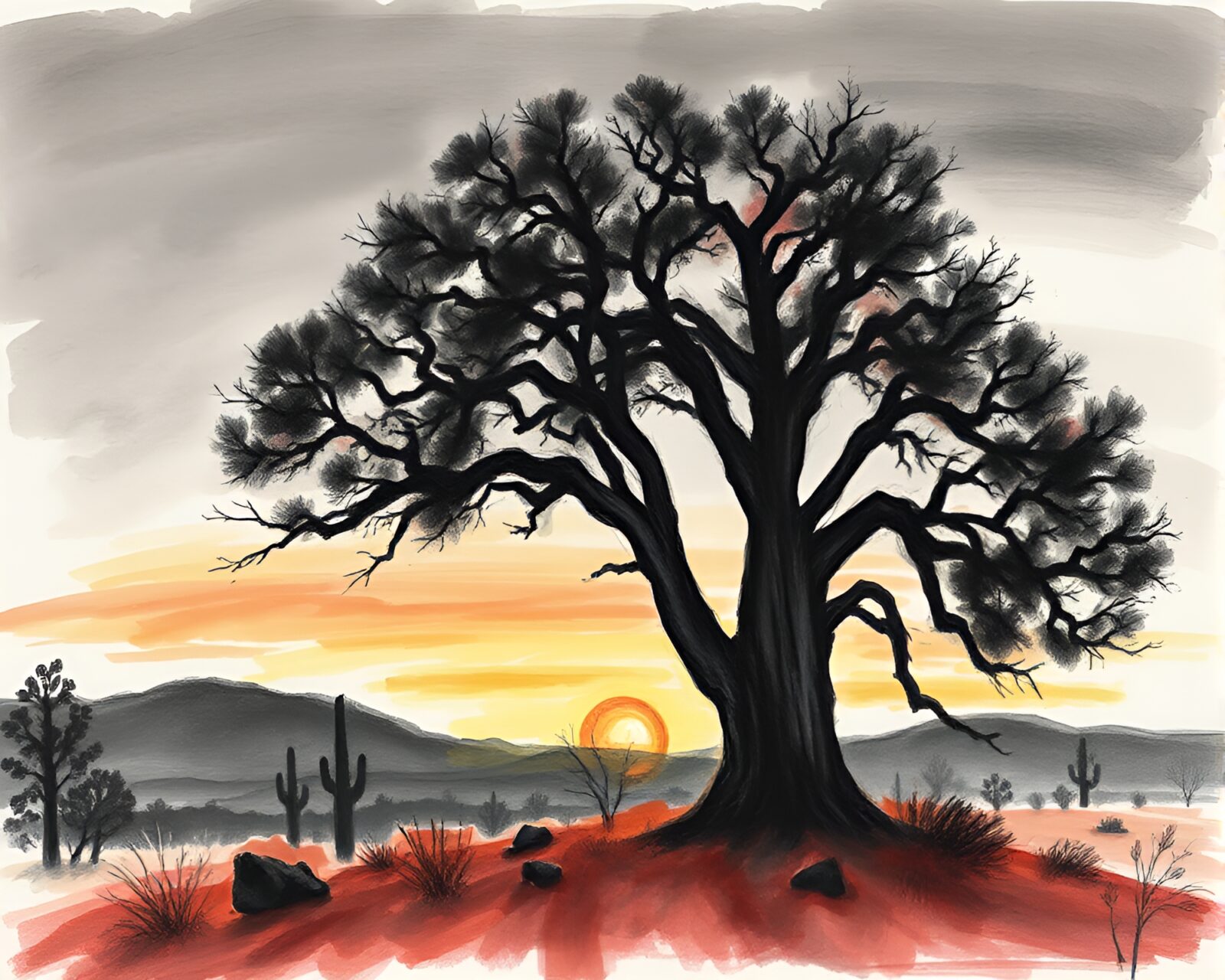 Charcoal strokes depict majestic redwood tree against desert sunset