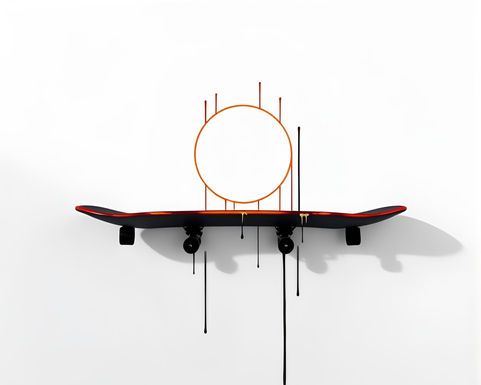 Skateboard in eclipse shadow with paint drips, minimalist style