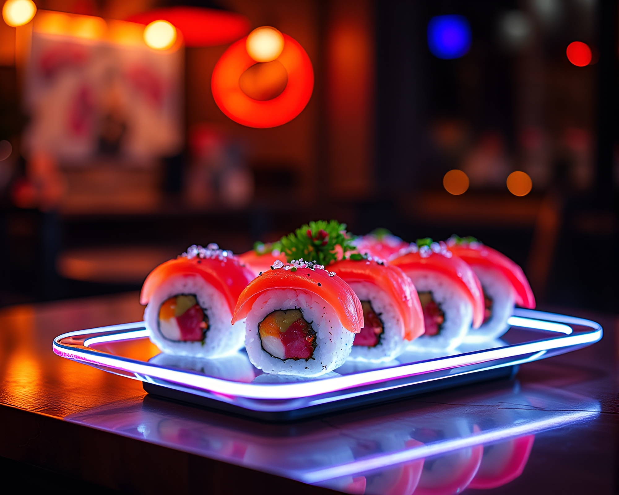 Neon Wireframe Sushi Platter with Rim Lighting – free AI stock image