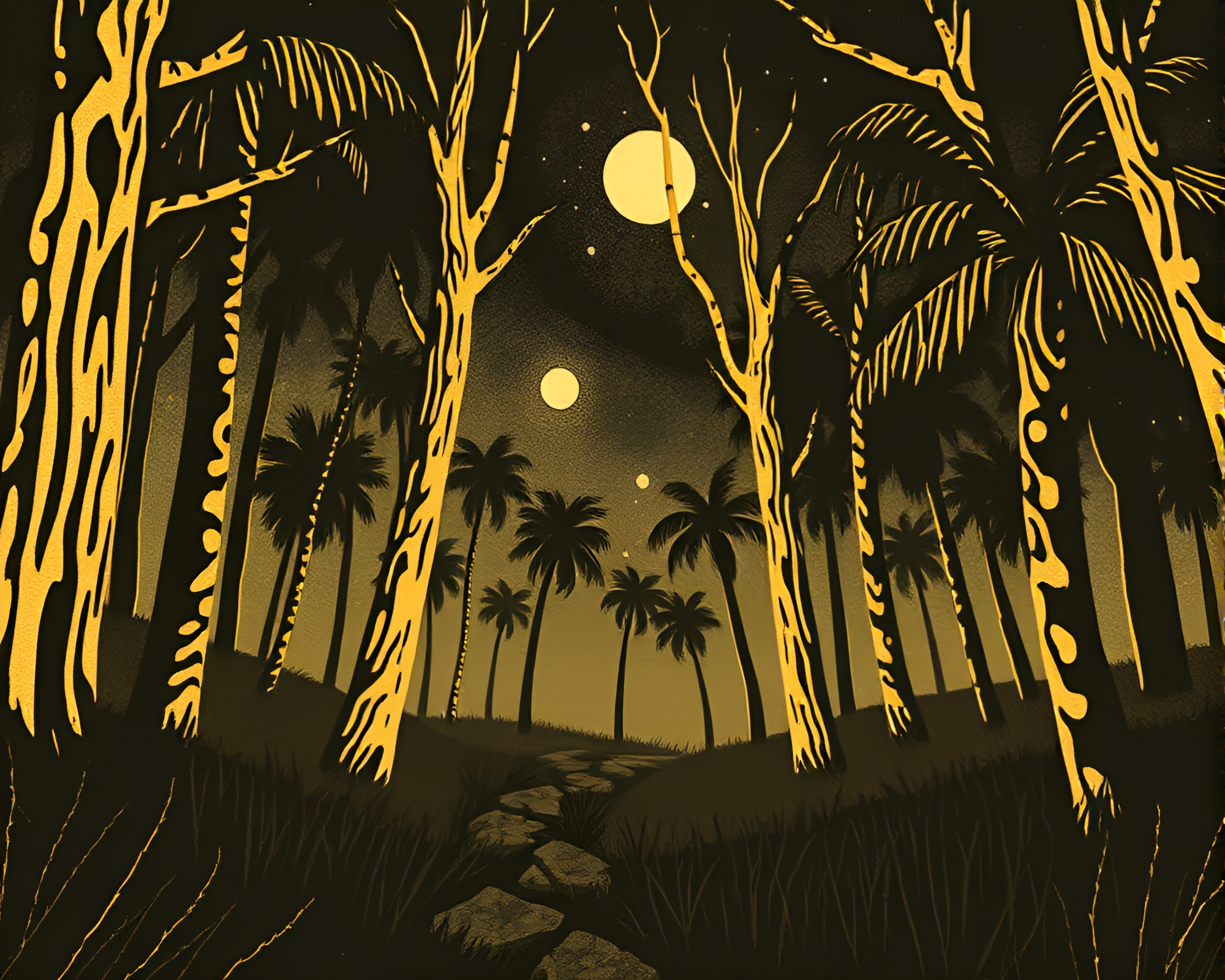 Oasis Wood Grain Linocut Print Composition – free AI stock image