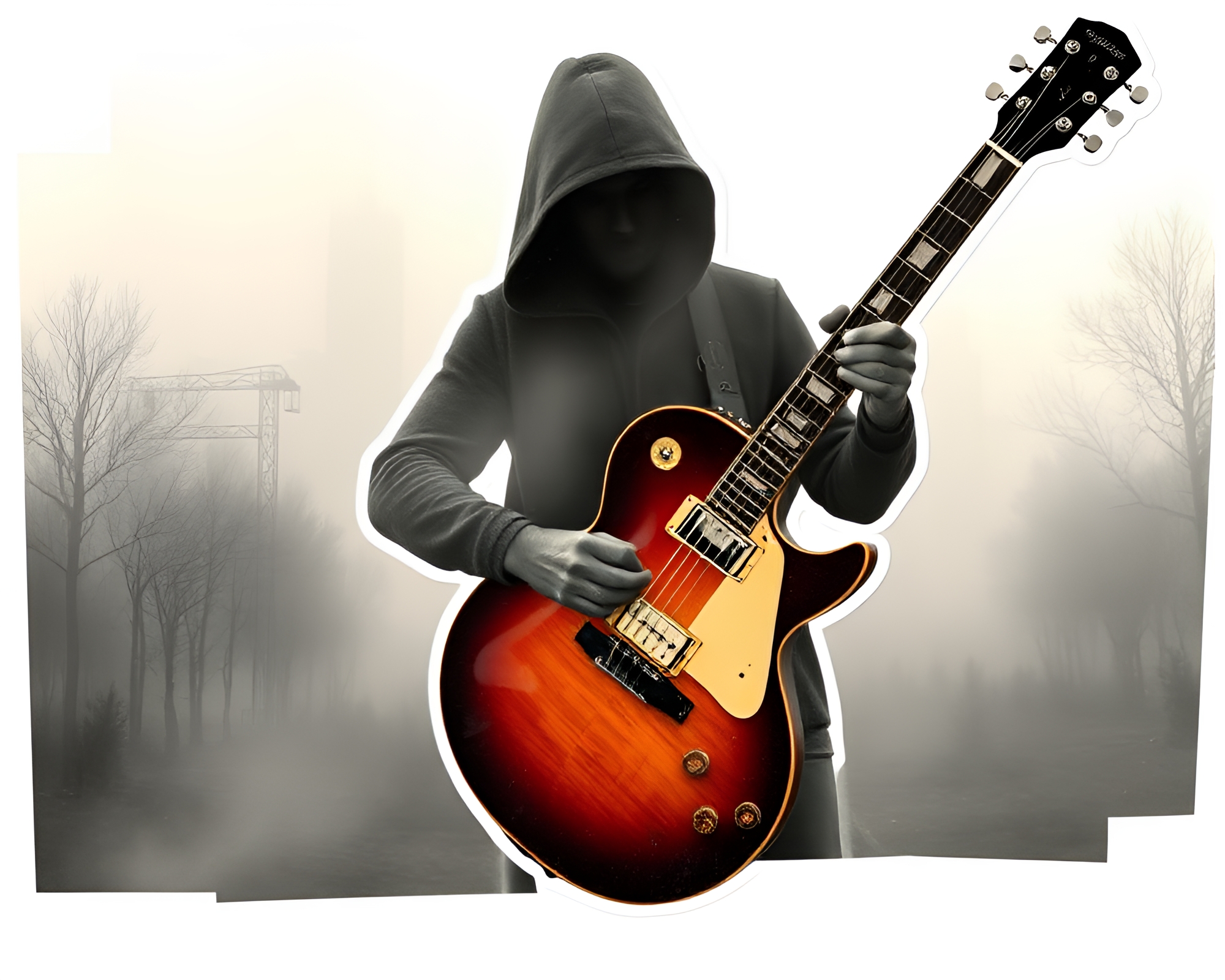 Dystopian Guitar Collage in Foggy Atmosphere – free AI stock image