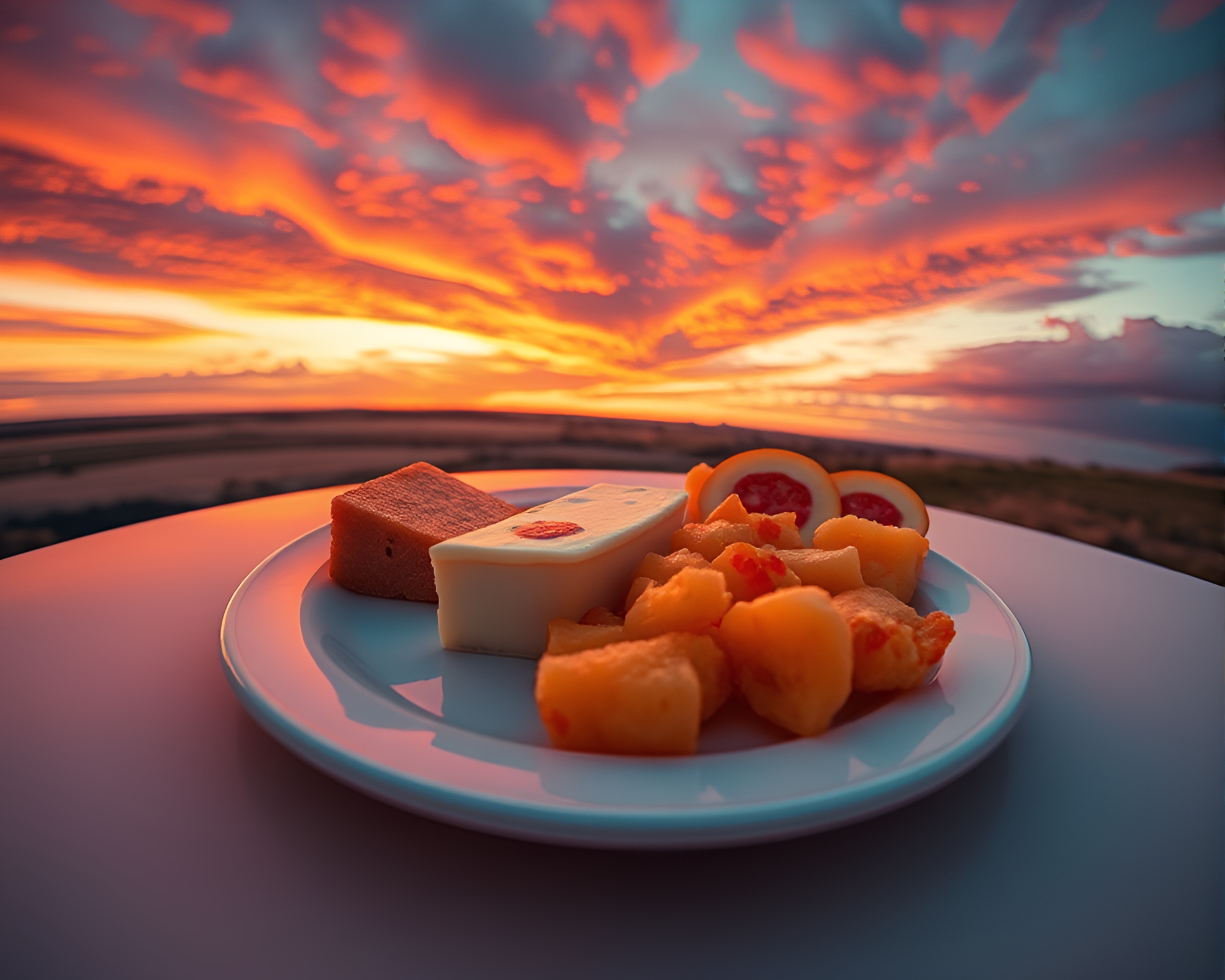 Sunset Cheese Platter on Blueprint Table Setting – free AI stock image