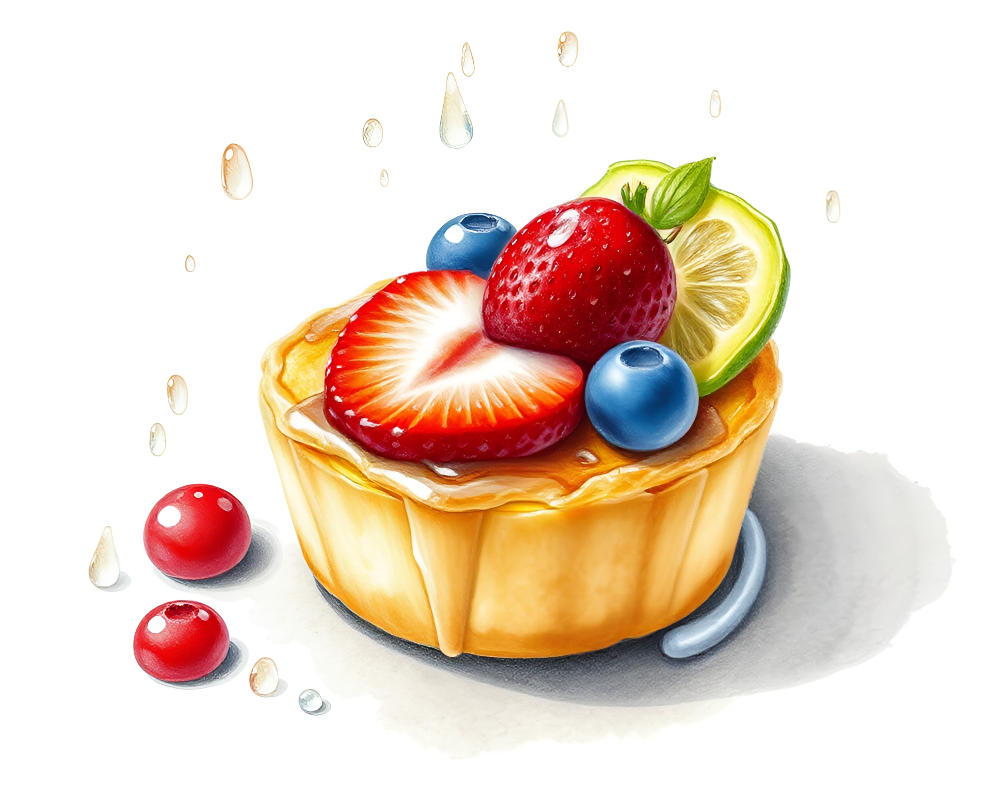 Rain Droplets Adorned Fruit Tart in Pencil Sketch – free AI stock image