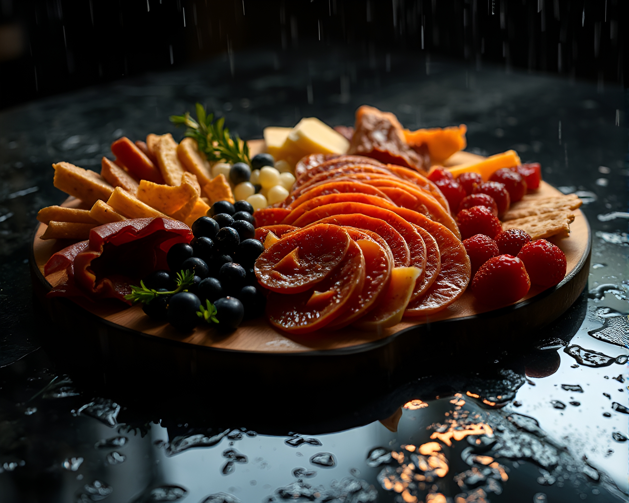 Rustic Charcuterie Board with Torn Edges in Spotlight Rain – free AI stock image