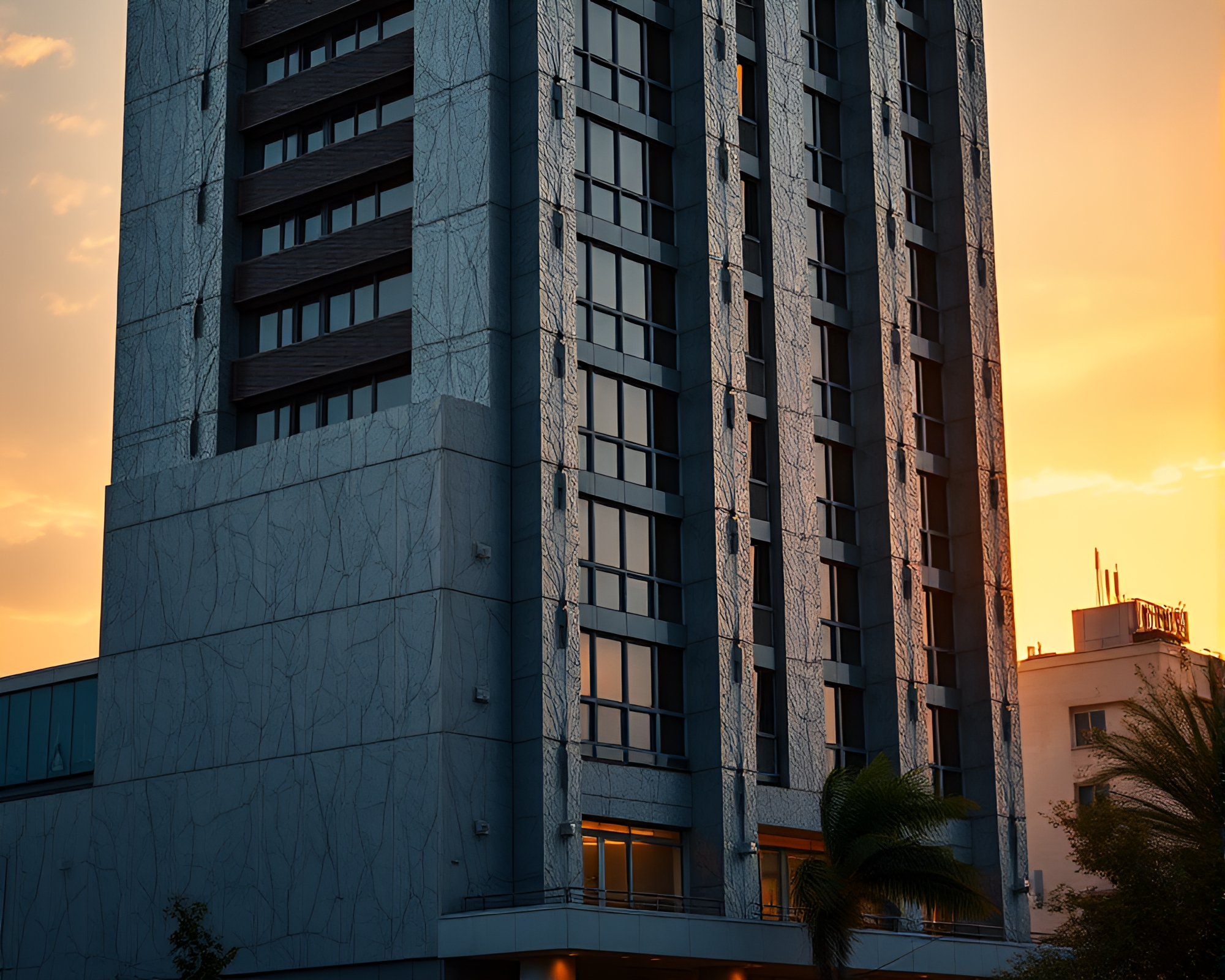 Brutalist Building with Silver Leaf Accents at Golden Hour – free AI stock image