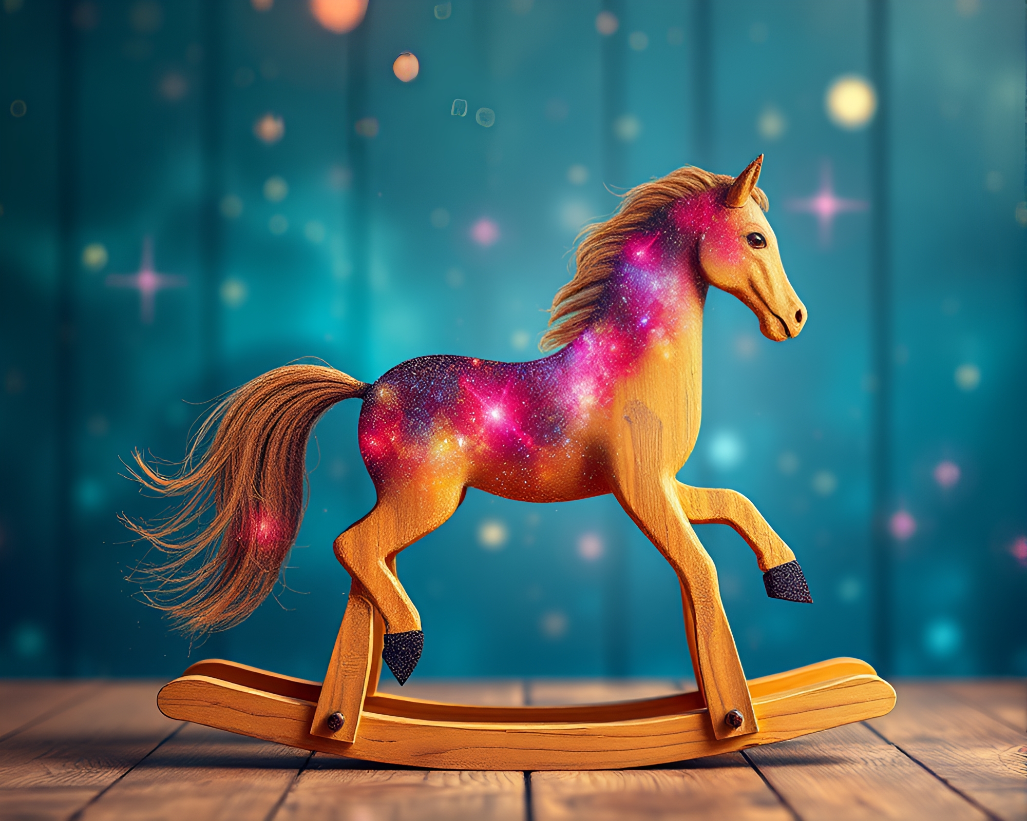 Galactic Wooden Rocking Horse Dust Overlay Composition – free AI stock image