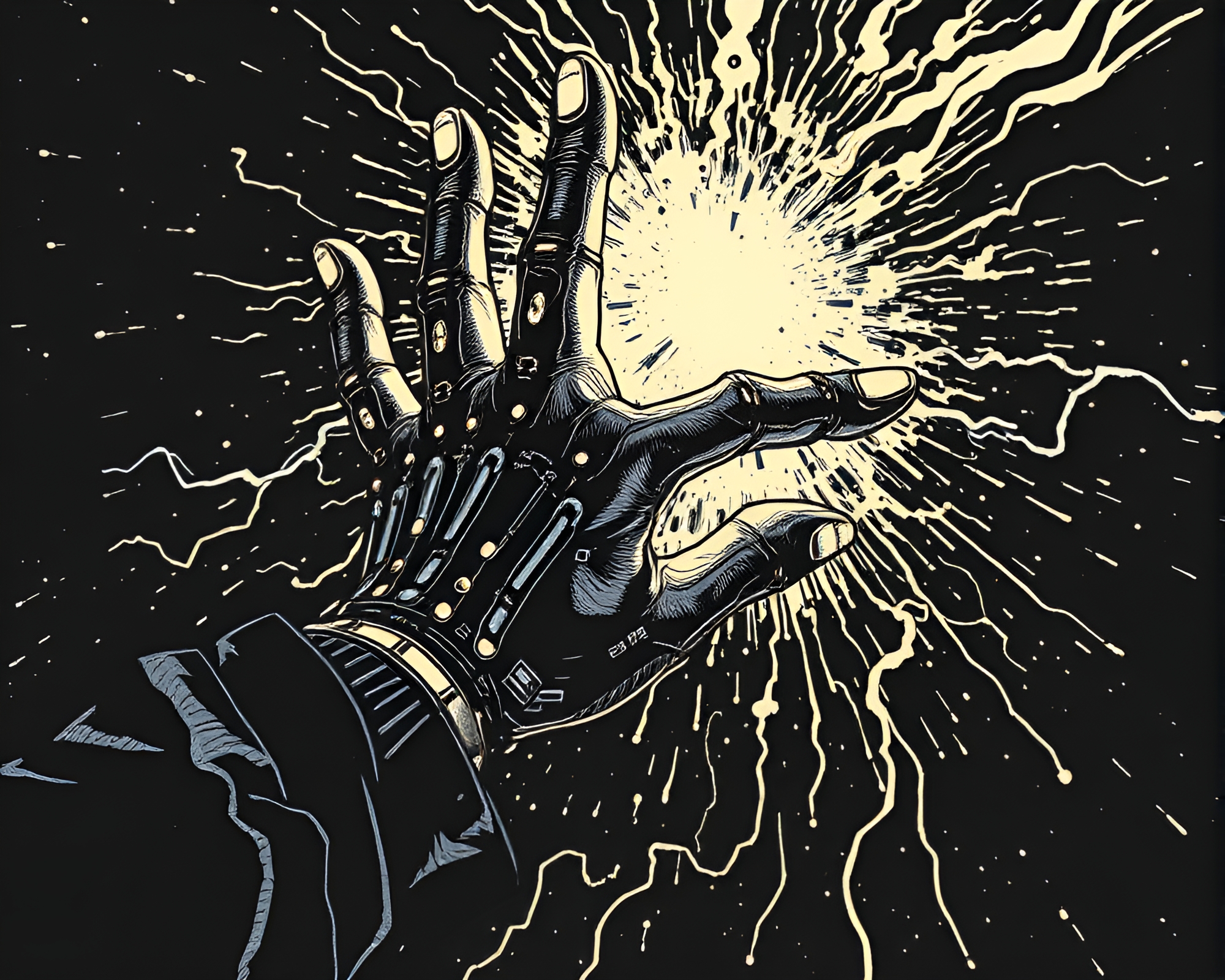 Sorcery Aura Cybernetic Hand Woodcut Print – free AI stock image