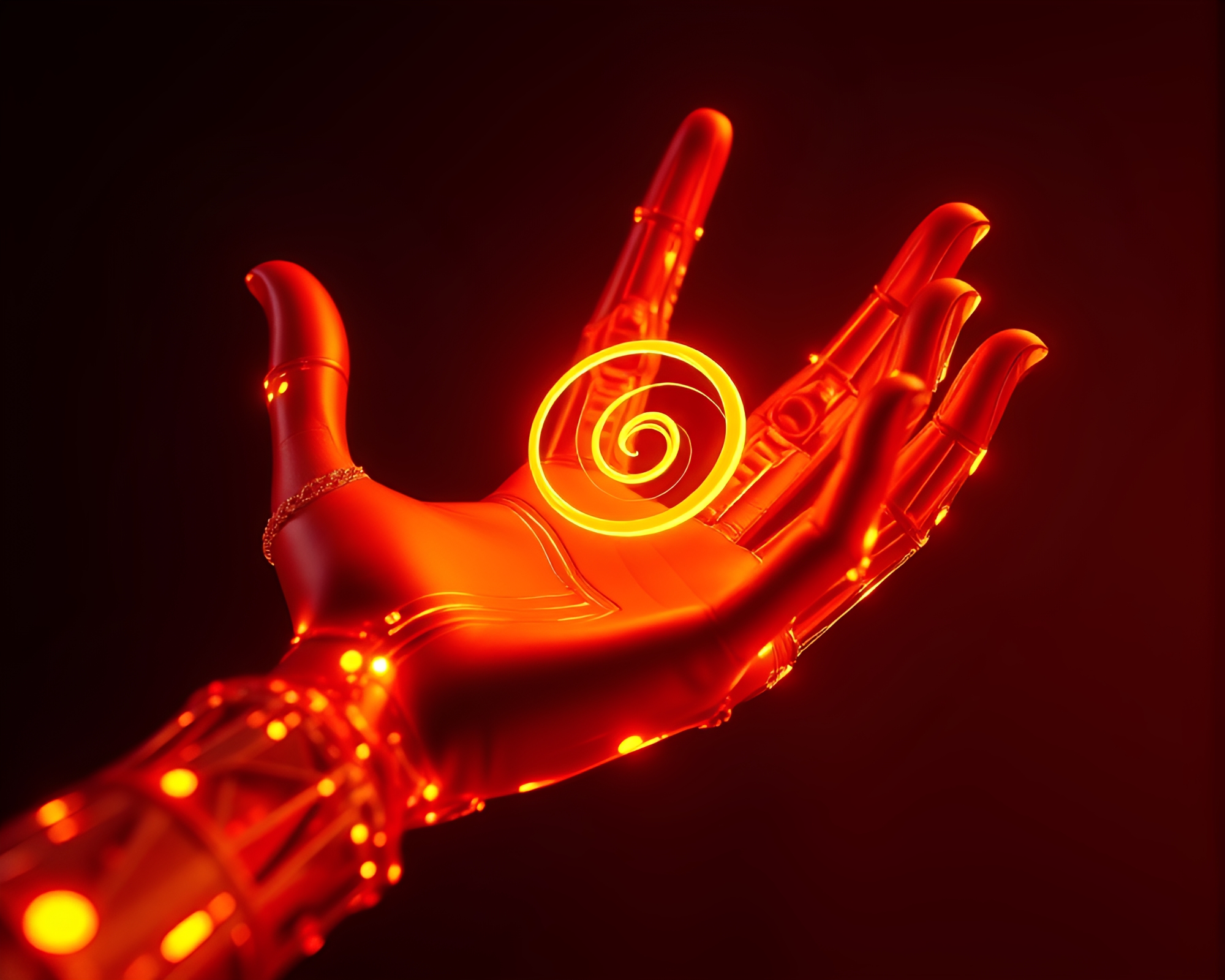 Vibrant Infrared Cybernetic Hand in Golden Spiral Composition – free AI stock image