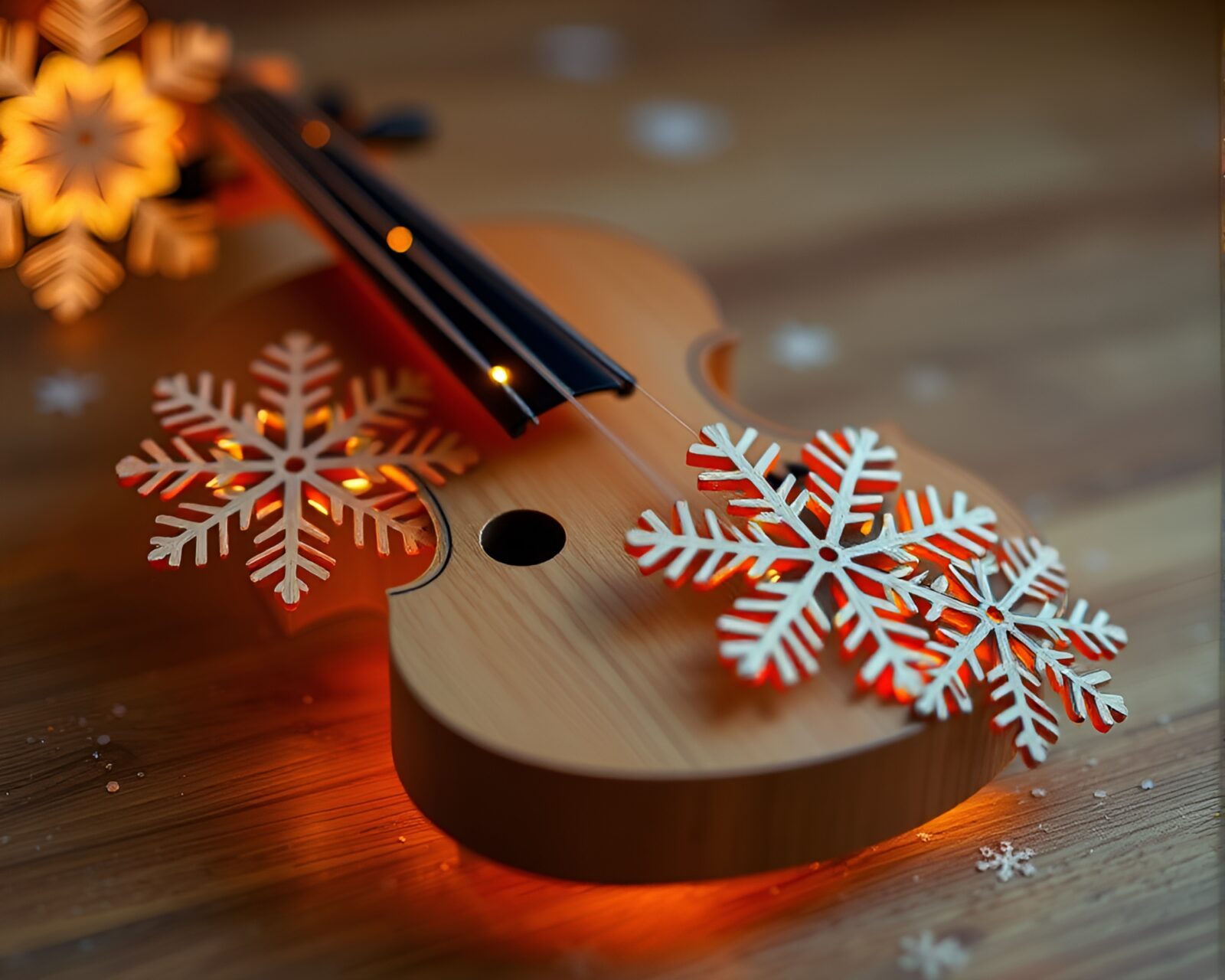 Glowing wooden violin adorned with delicate snowflake designs